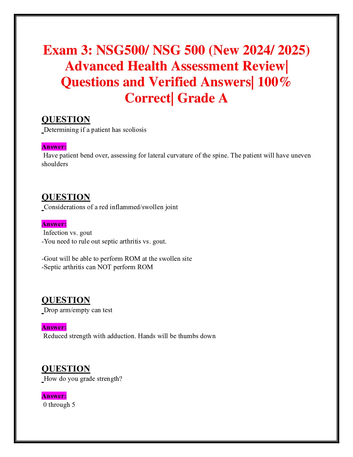Exams 1,2 and 3: NSG500/ NSG 500 (2025/ 2026 - DocMerit