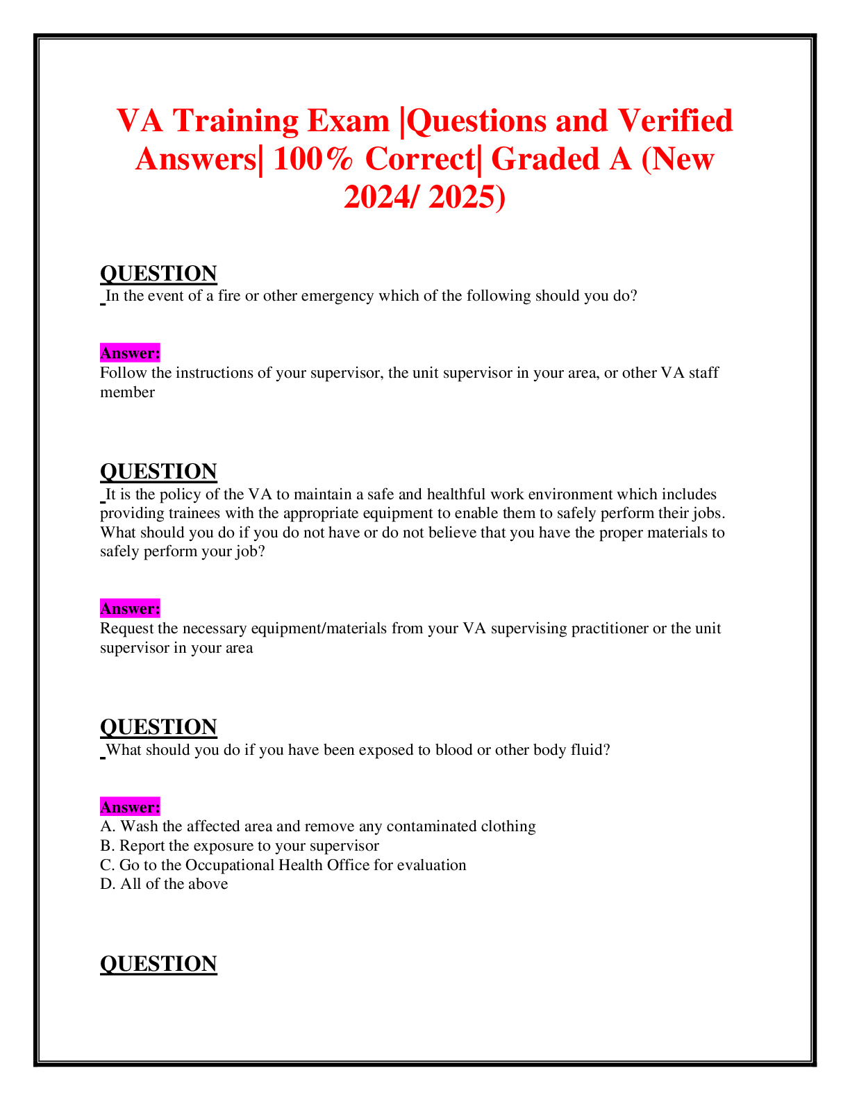 VA Training Exam (New 2024/ 2025 Update) Questions and Verified Answers ...