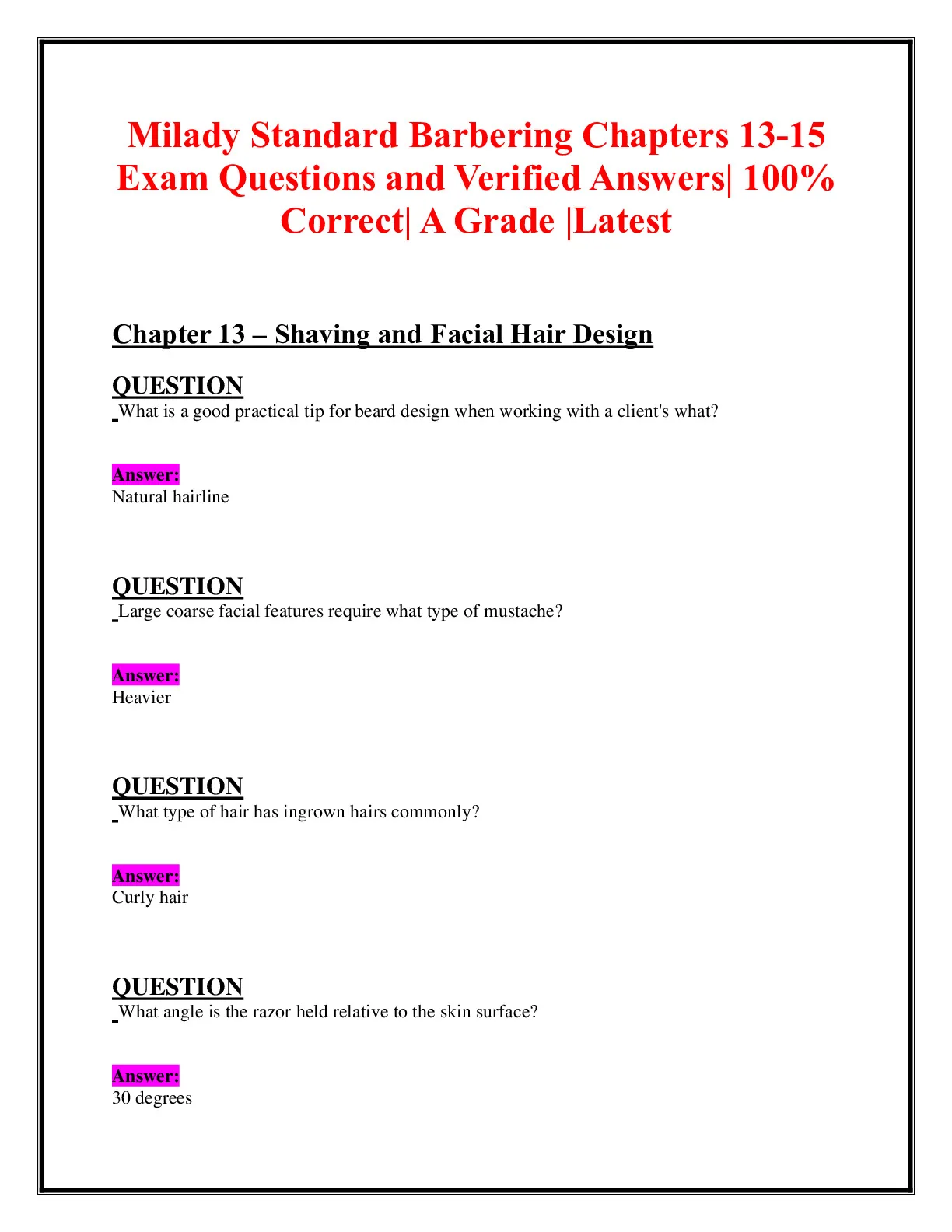 Milady Standard Barbering All Chapters 1-21 - DocMerit