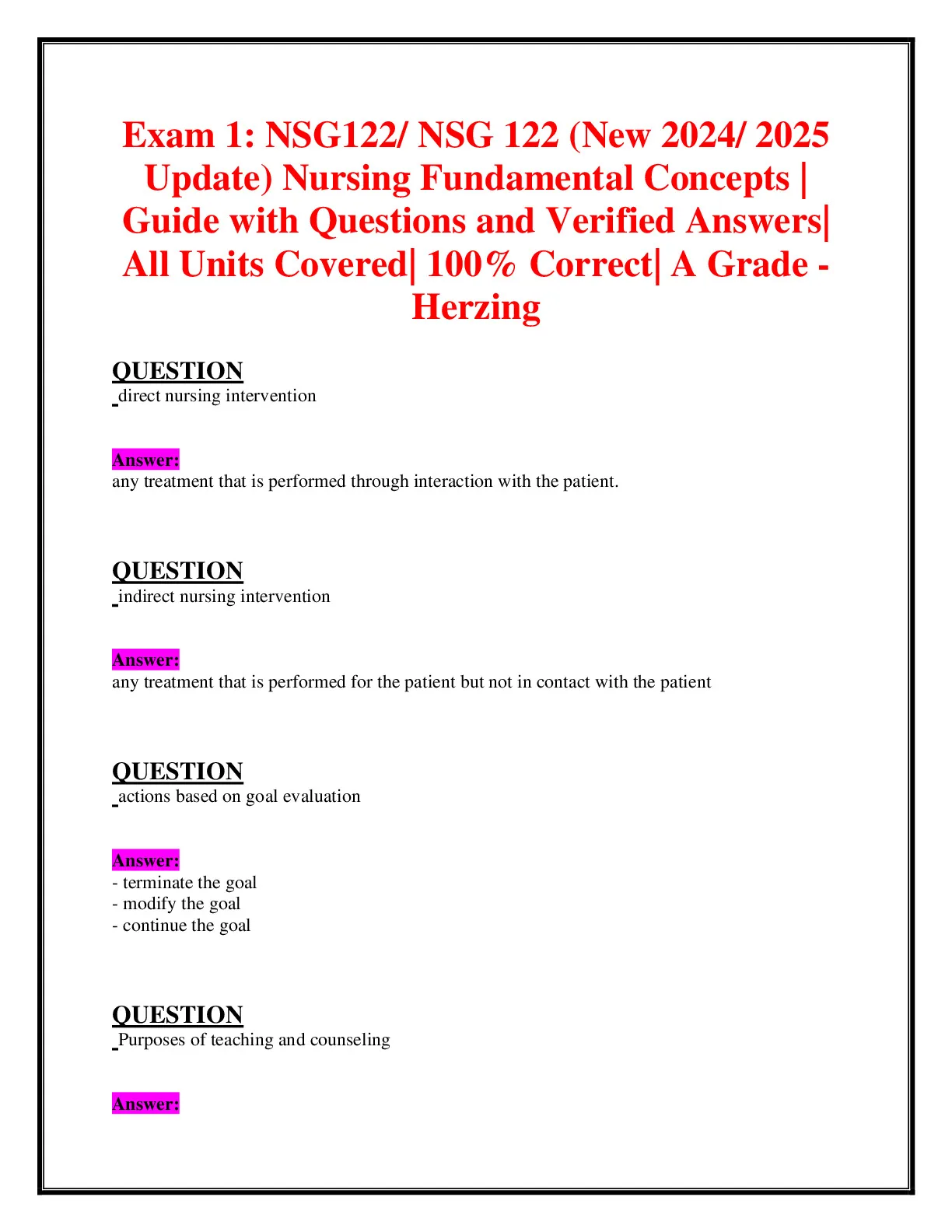 Exam 1: NSG122/ NSG 122 (New 2024/ 2025 Update) Nursing Fundamental ...