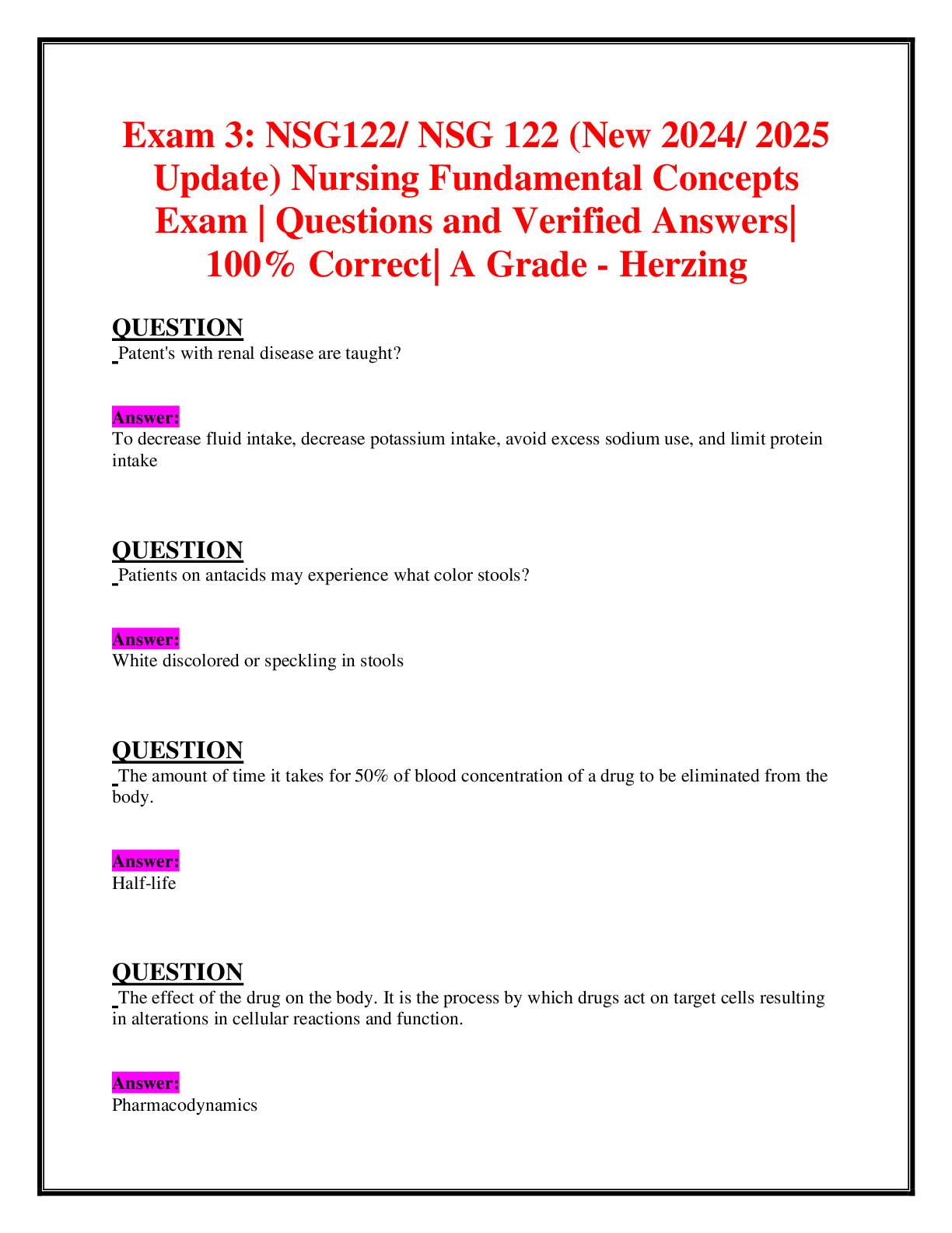 Exam 3: NSG122/ NSG 122 (New 2024/ 2025 Update) Nursing Fundamental ...