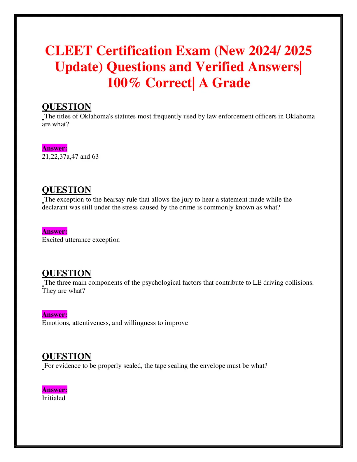 CLEET Certification Exam (New 2024/ 2025 Update) Questions and - DocMerit