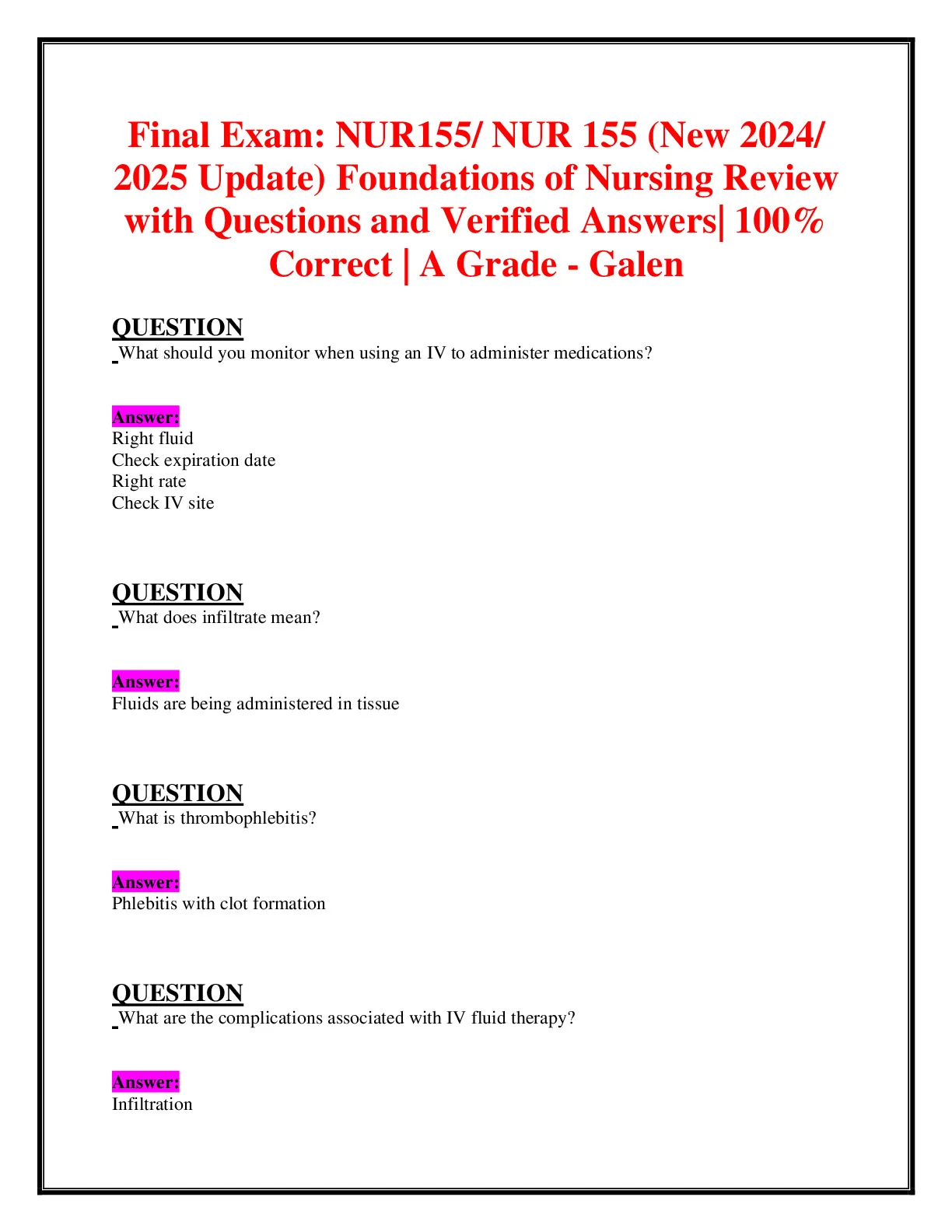 Final Exam: NUR155/ NUR 155 (New 2024/ 2025 Update) Foundations of ...