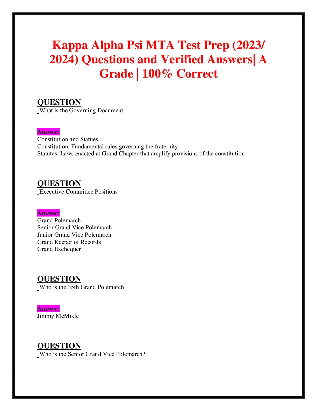 Kappa Alpha Psi MTA Test Prep (2023/ 2024) Questions and Verified ...