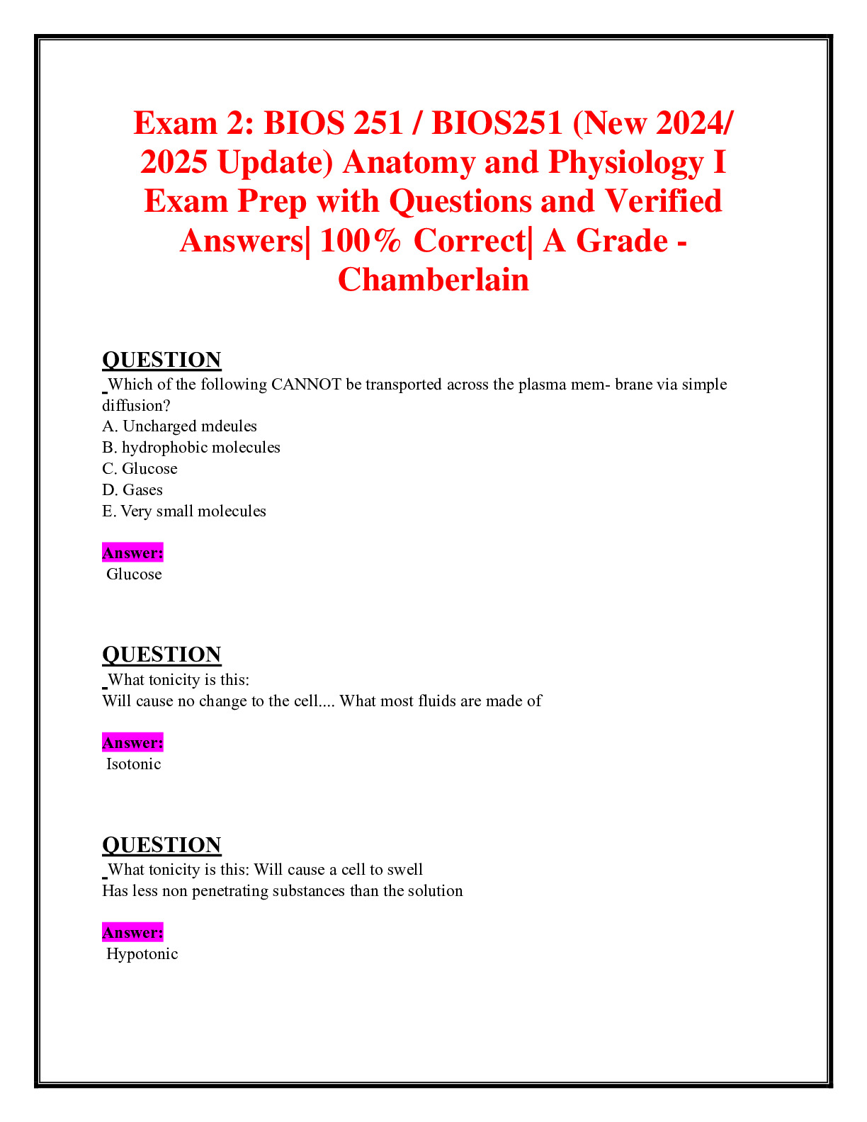 Exam 2: BIOS 251 / BIOS251 (New 2024/ 2025 Update) Anatomy and ...