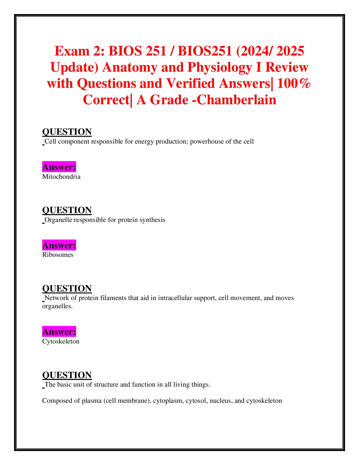 Exam 2: BIOS 251 / BIOS251 (2024/ 2025 Update) Anatomy and Physiology I ...