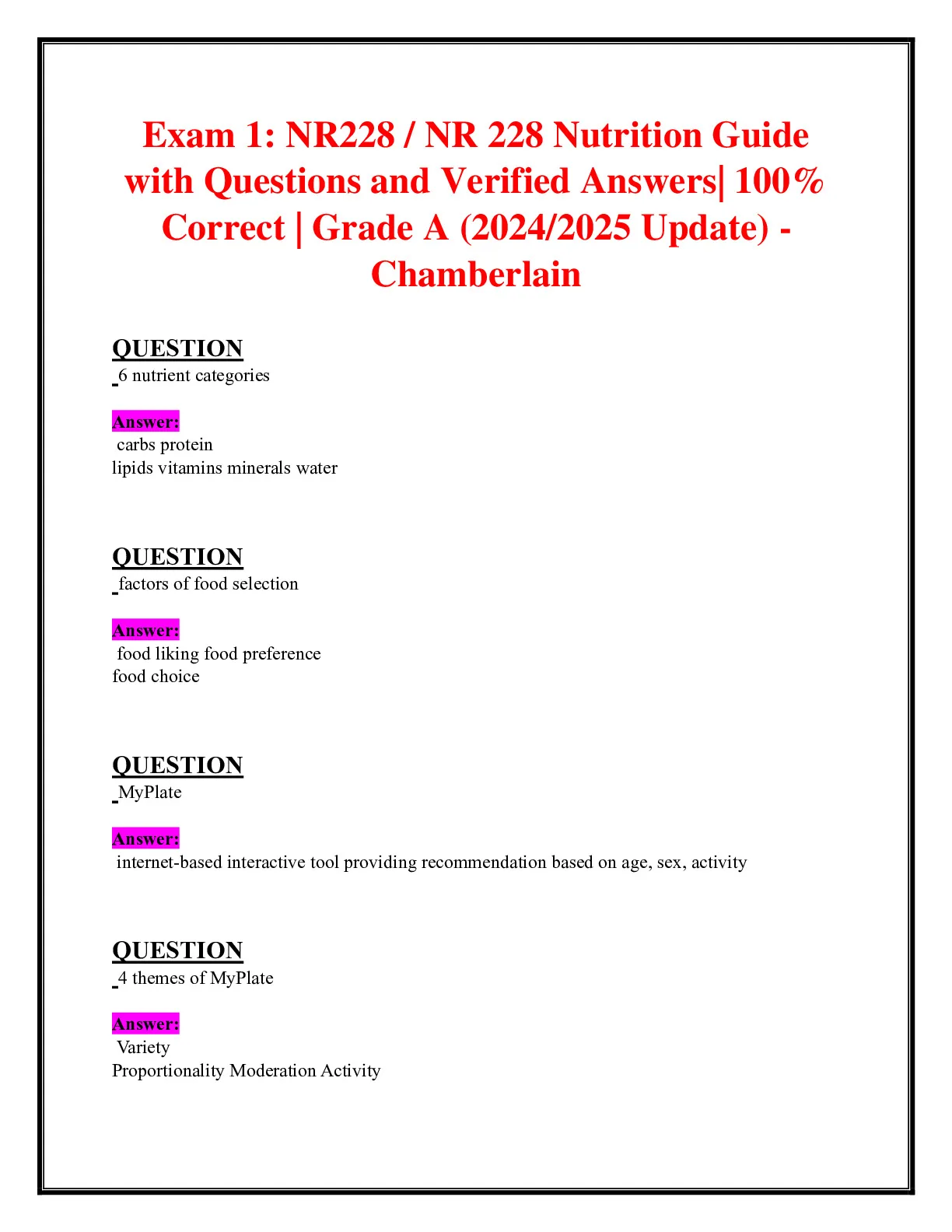 Exam 1: NR228 / NR 228 Nutrition Guide with Questions and Verified ...