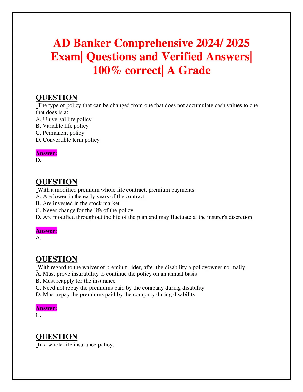 AD Banker Comprehensive 2024/ 2025 Exam| Questions and - DocMerit