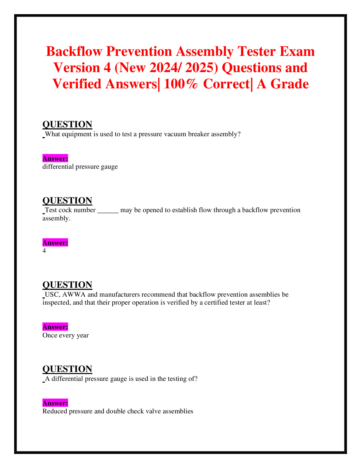 Backflow Prevention Assembly Tester Exam Version 4 (New 2024/ 2025 ...