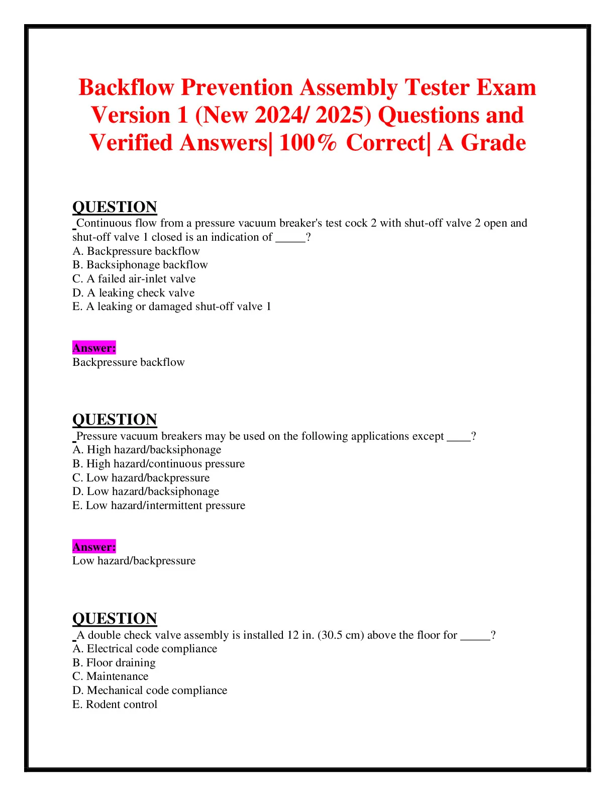 Backflow Prevention Assembly Tester Exam Version 1 (New 2024/ 2025 ...