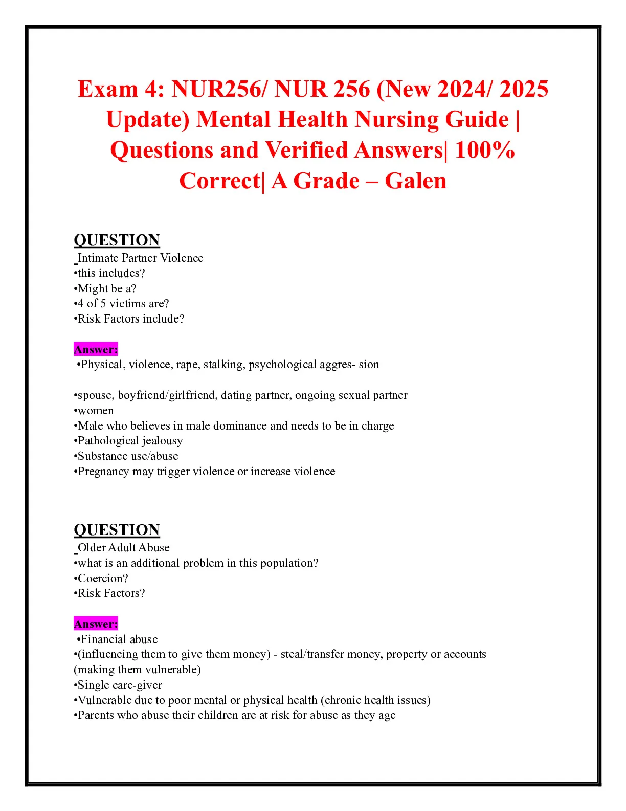 Exam 4: NUR256/ NUR 256 (New 2024/ 2025 Update) Mental Health Nursing ...