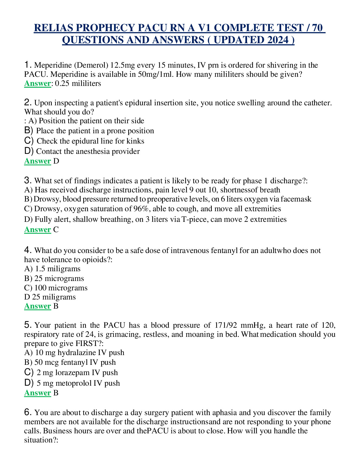 RELIAS PROPHECY PACU RN A V1 COMPLETE TEST / 70 QUESTIONS AND ANSWERS ...