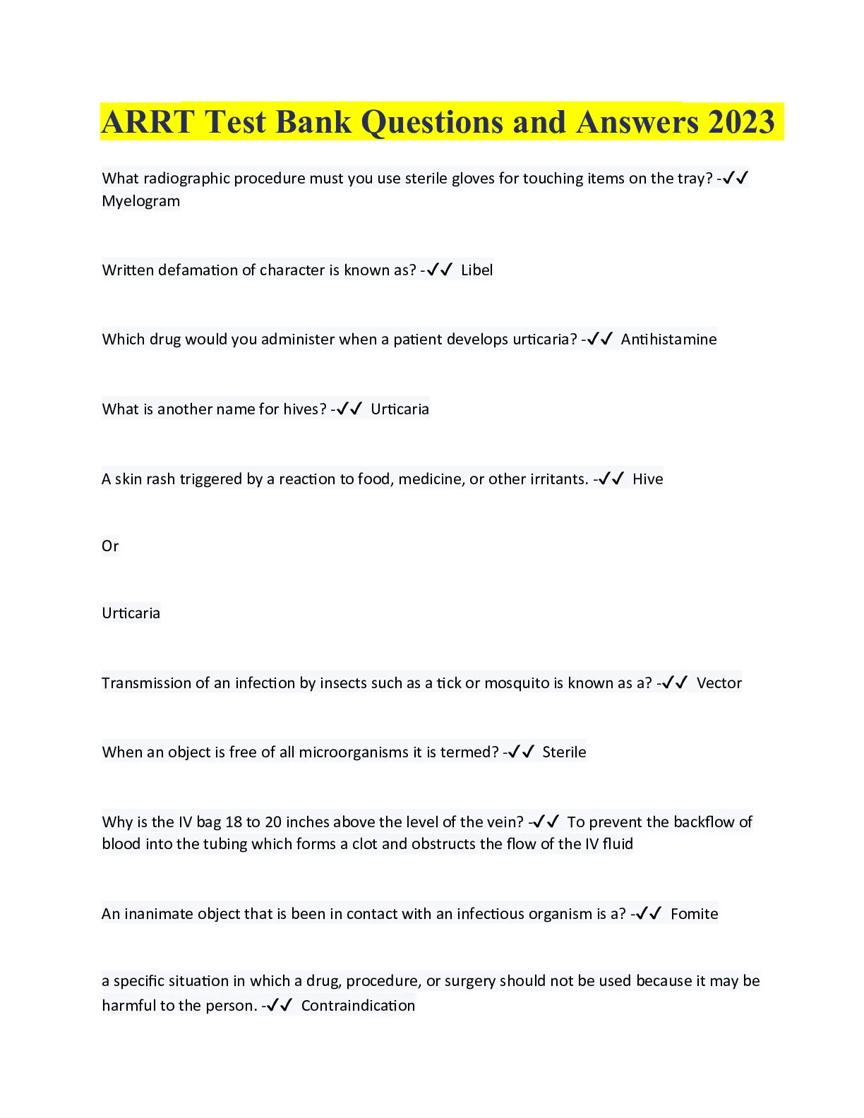 ARRT PRACTICE QUESTIONS AND ANSWERS, ARRT TEST BANK QUESTIONS AND ...