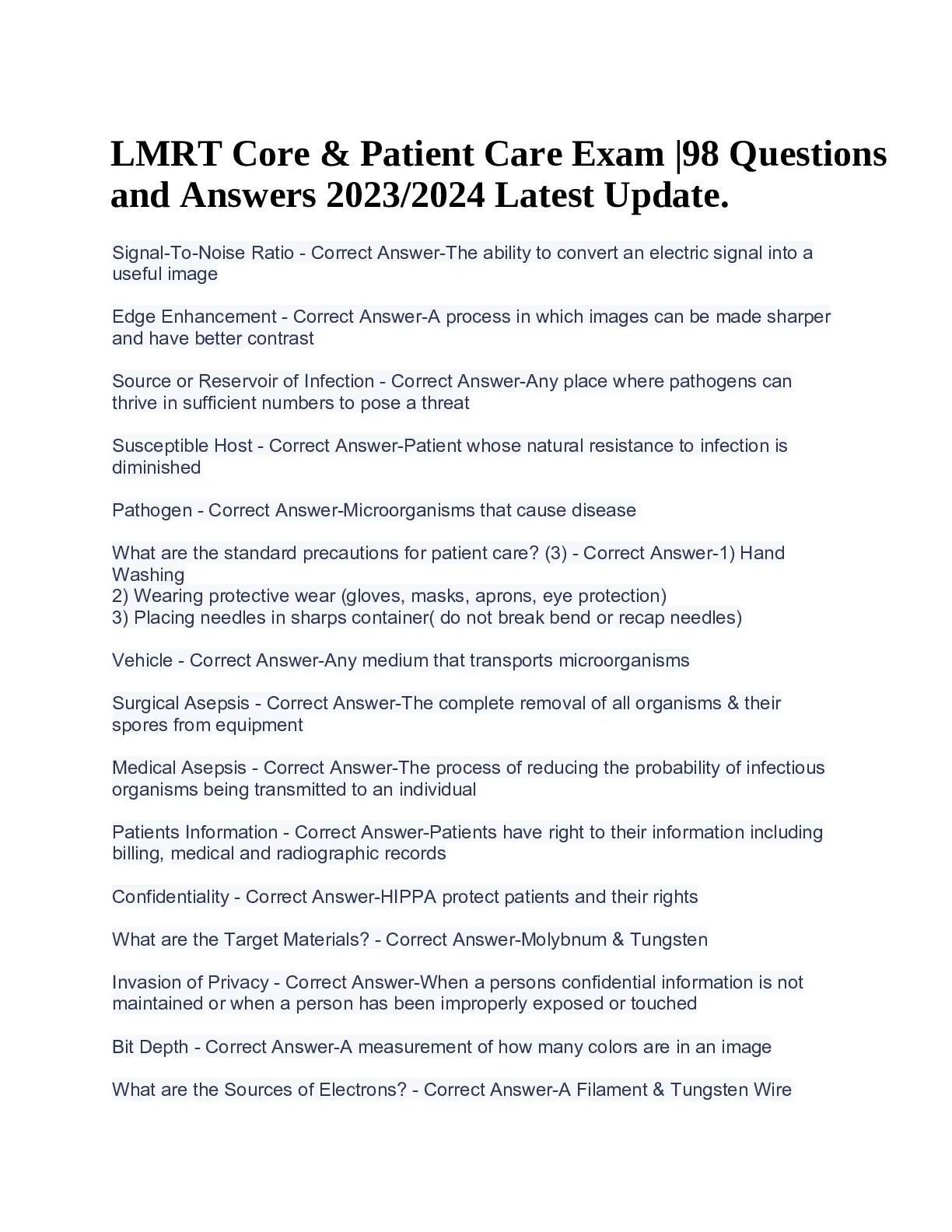 LMRT Core and Patient Care Exam |98 Questions and Answers 2023/2024 ...