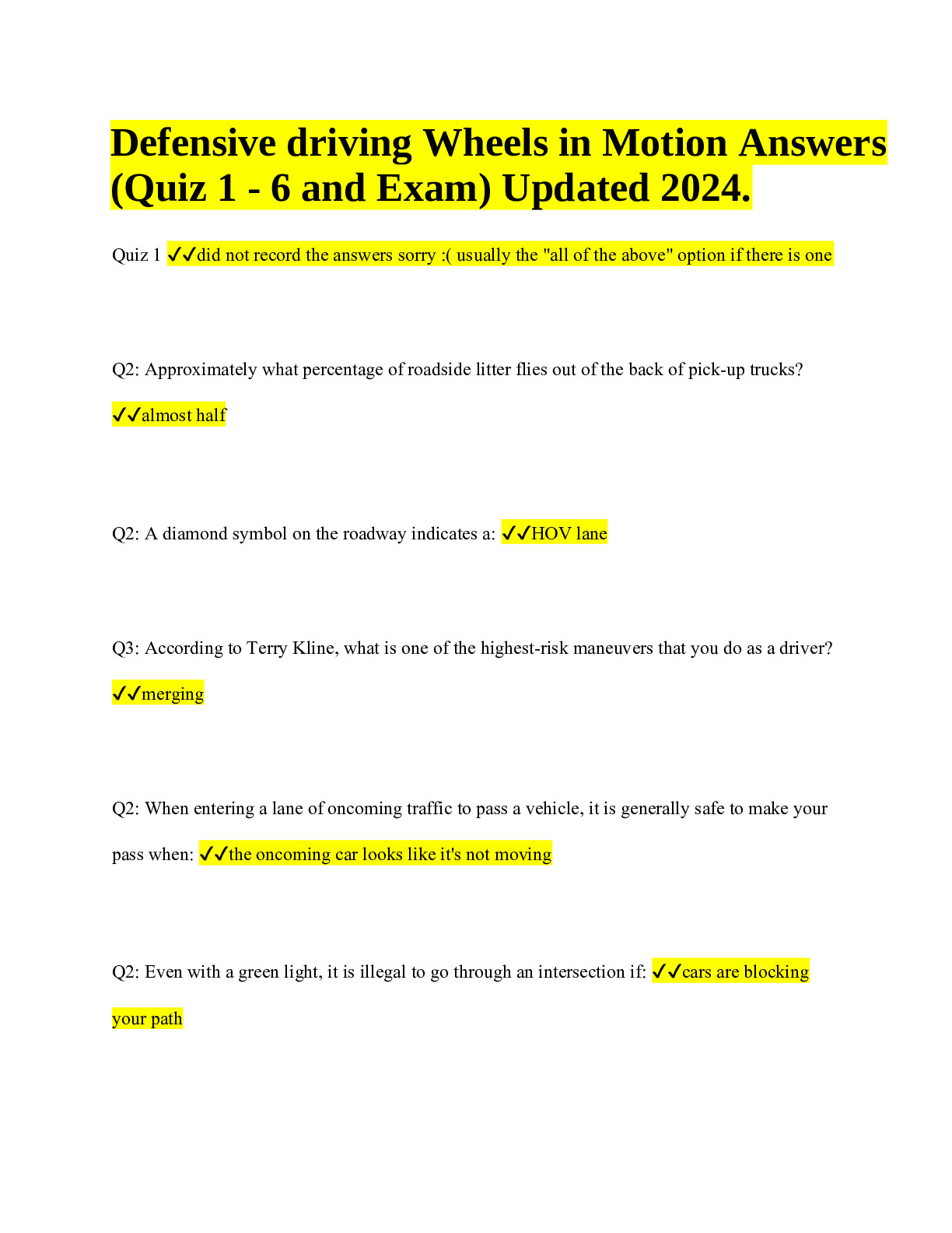 Defensive driving Wheels In Motion Answers (quiz 1 6 and exam) 2024/