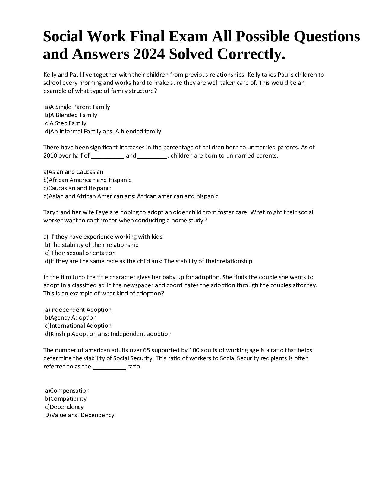 SOCIAL WORK FINAL EXAM ALL POSSIBLE QUESTIONS AND ANSWERS 2024 SOLVED ...