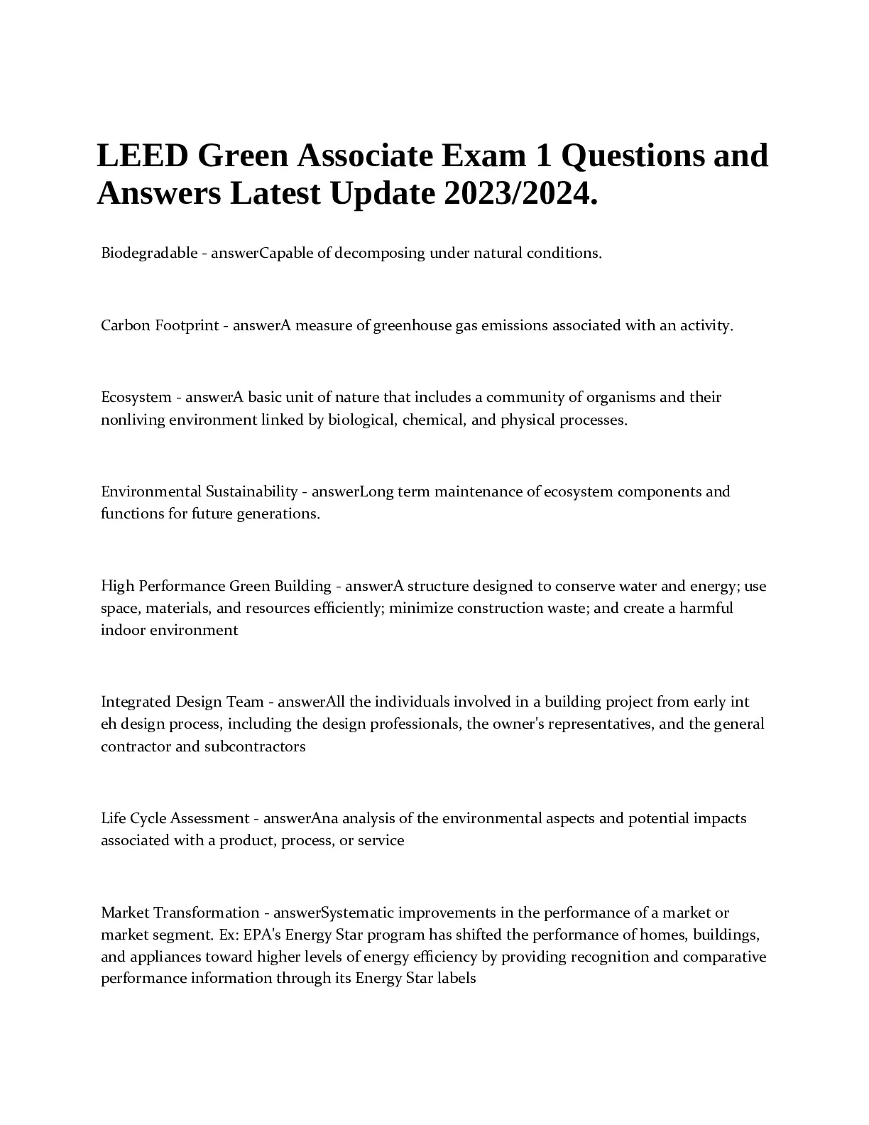 LEED Green Associate Exam 1 Questions and Answers Latest Update 2023/ ...