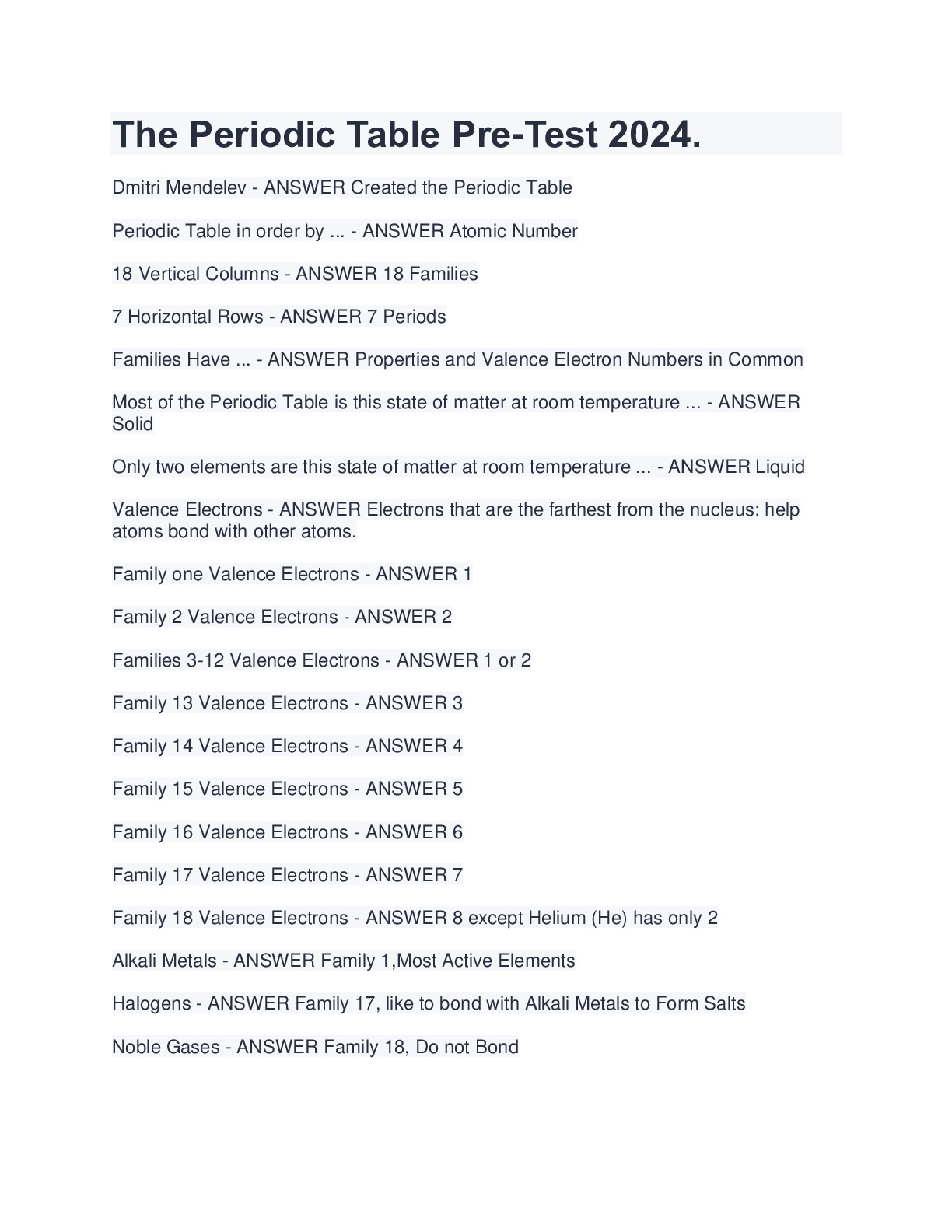 The Periodic Table Pre-Test 2024. - DocMerit