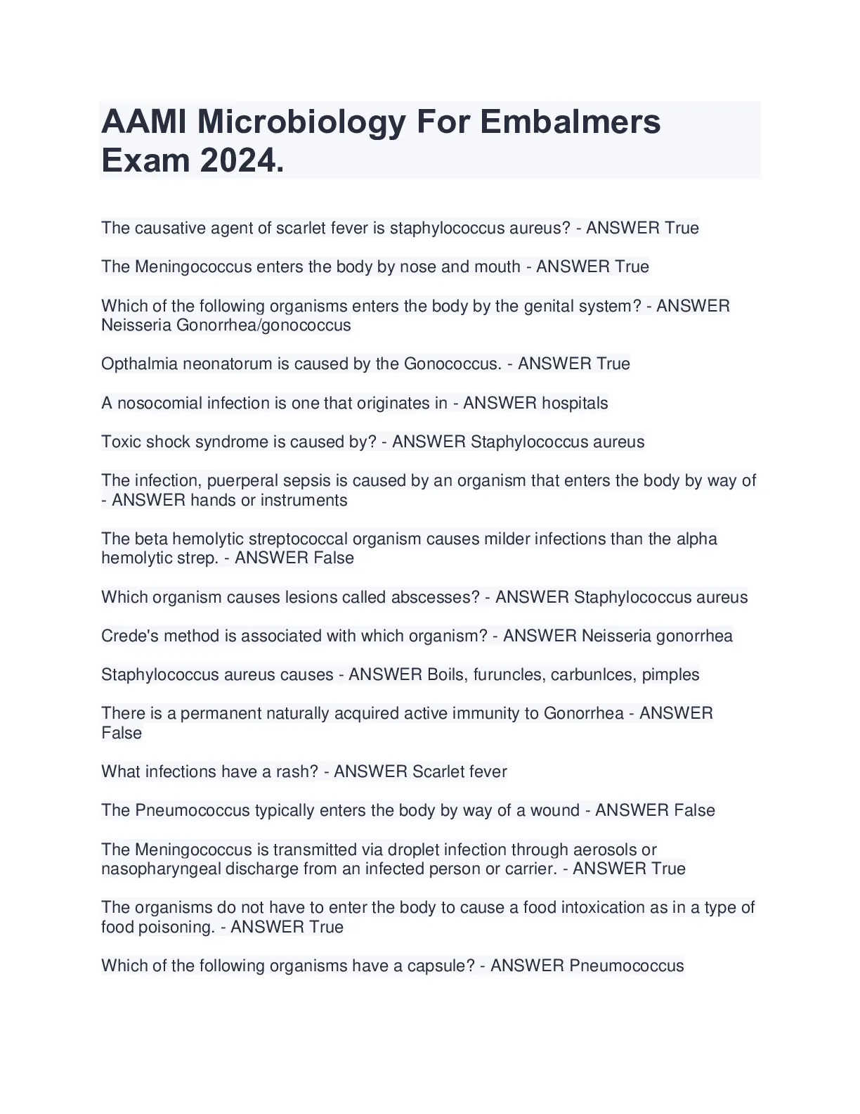 AAMI Microbiology For Embalmers Exam 2024. - DocMerit