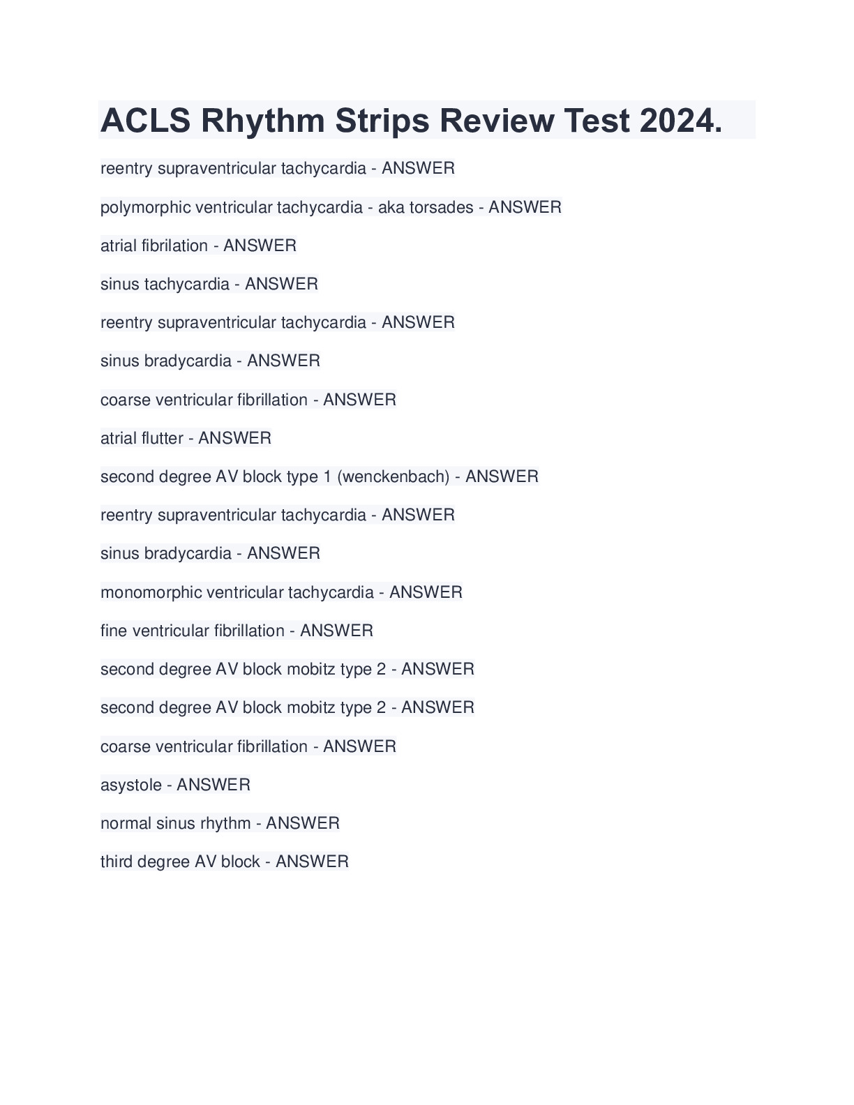 ACLS Rhythm Strips Review Test 2024. DocMerit