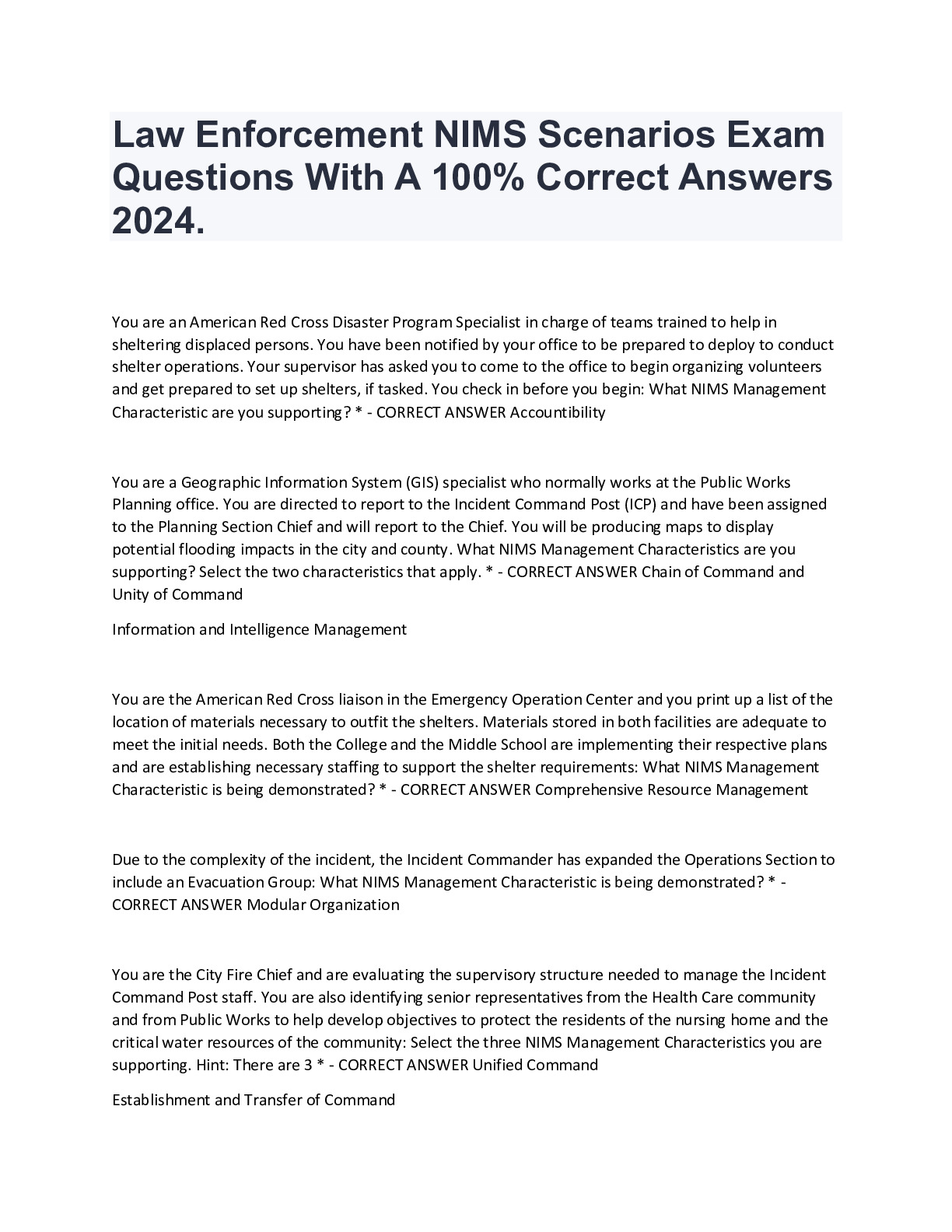 Law Enforcement NIMS Scenarios Exam Questions With A 100 Correct