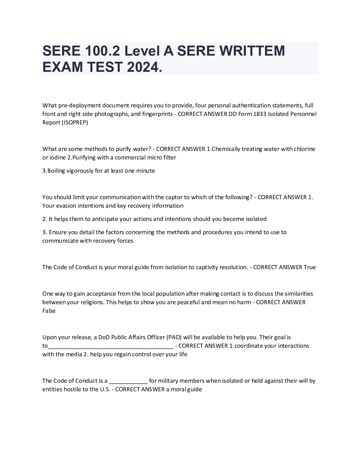 SERE 100.2 Level A SERE WRITTEM EXAM TEST 2024. - DocMerit