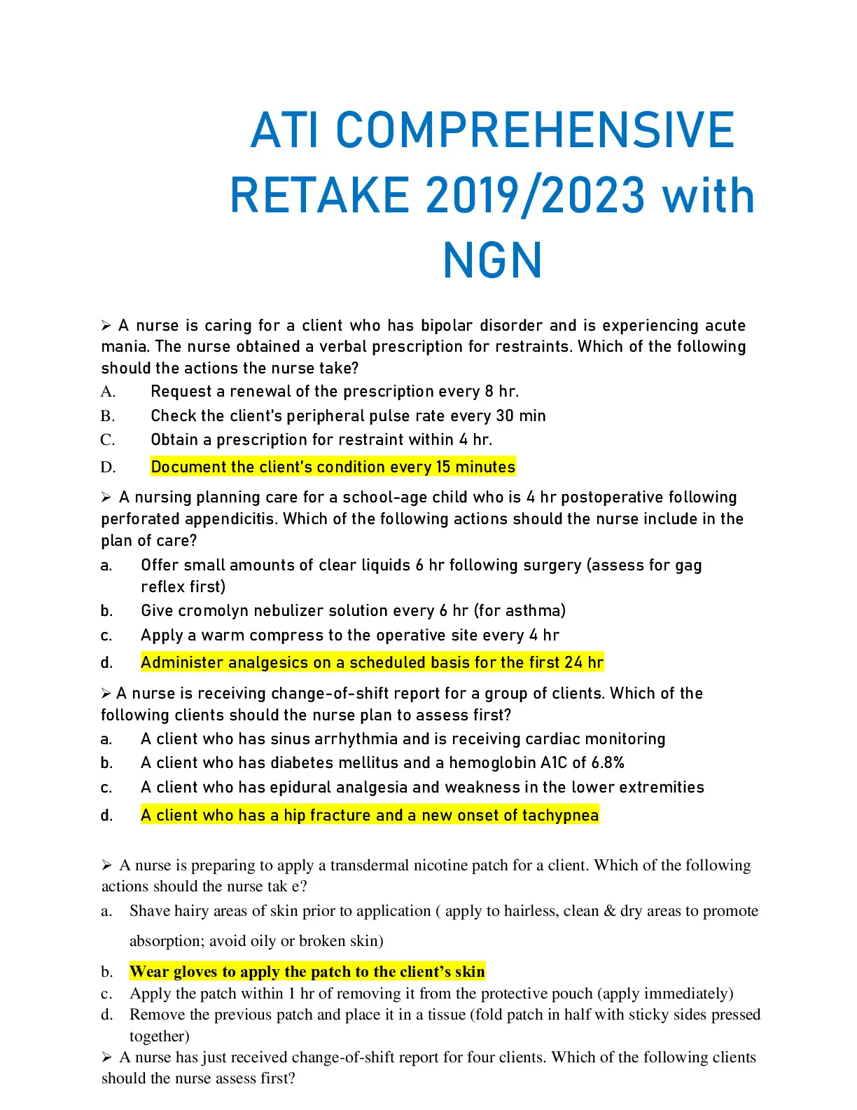 ATI COMPREHENSIVE RETAKE 2019 2023 with NGN