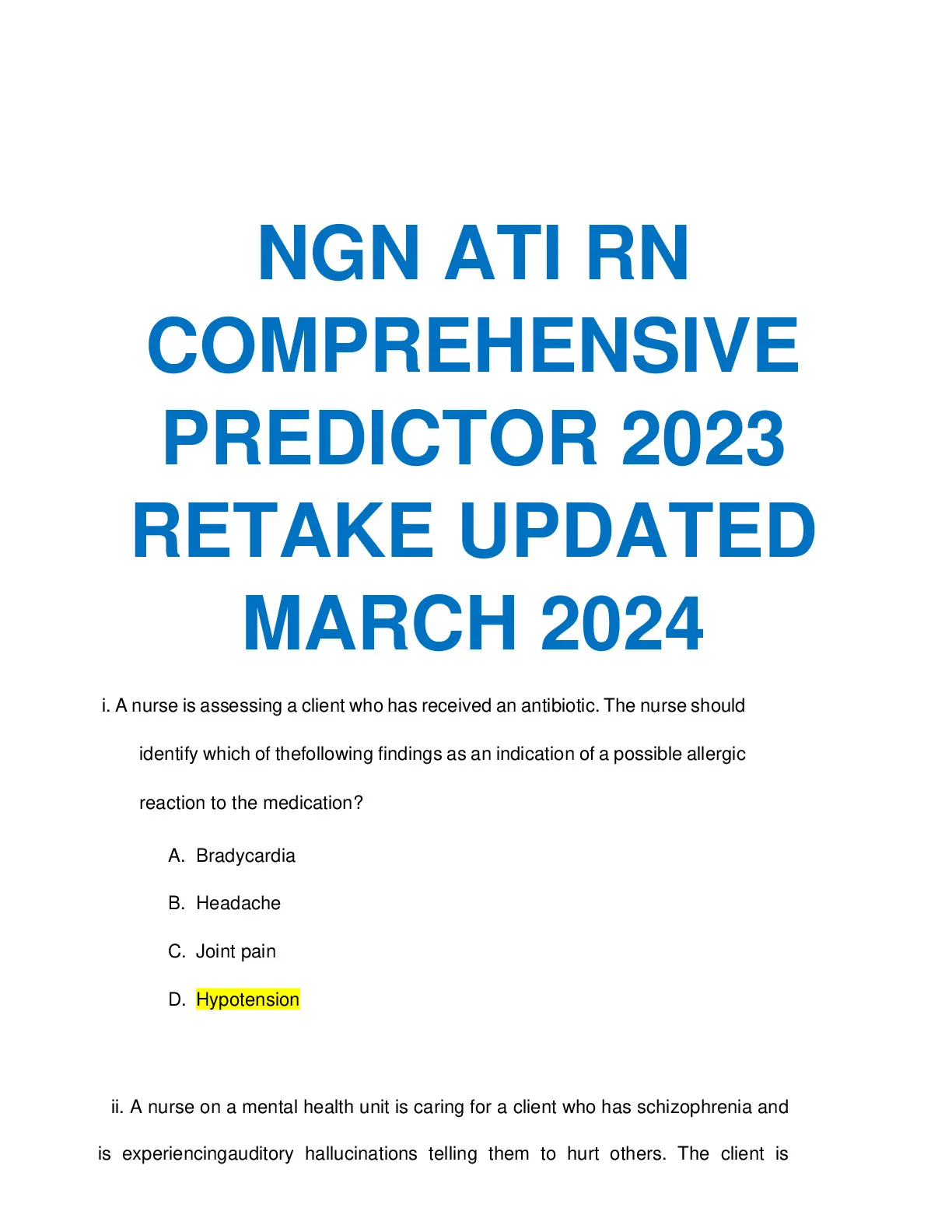 NGN ATI RN COMPREHENSIVE PREDICTOR 2023 RETAKE UPDATED MARCH 2024.