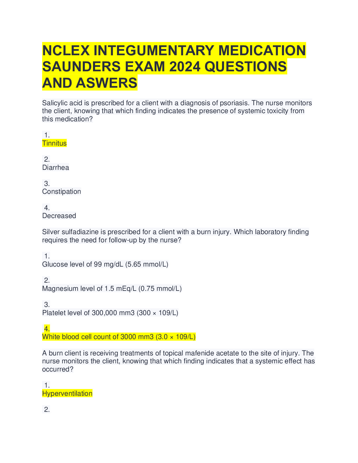 NCLEX INTEGUMENTARY MEDICATION SAUNDERS EXAM 2024 QUESTIONS AND ASWERS ...