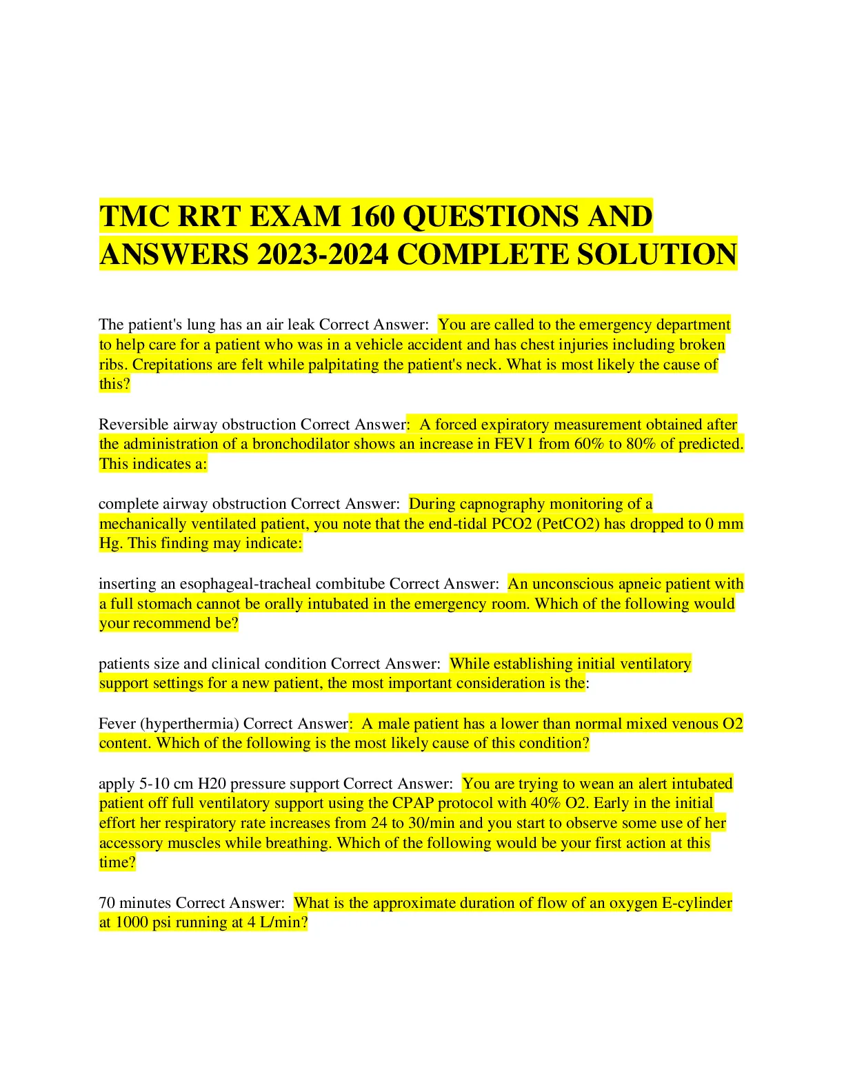 TMC RRT EXAM 160 QUESTIONS AND ANSWERS 2023-2024 COMPLETE SOLUTION ...