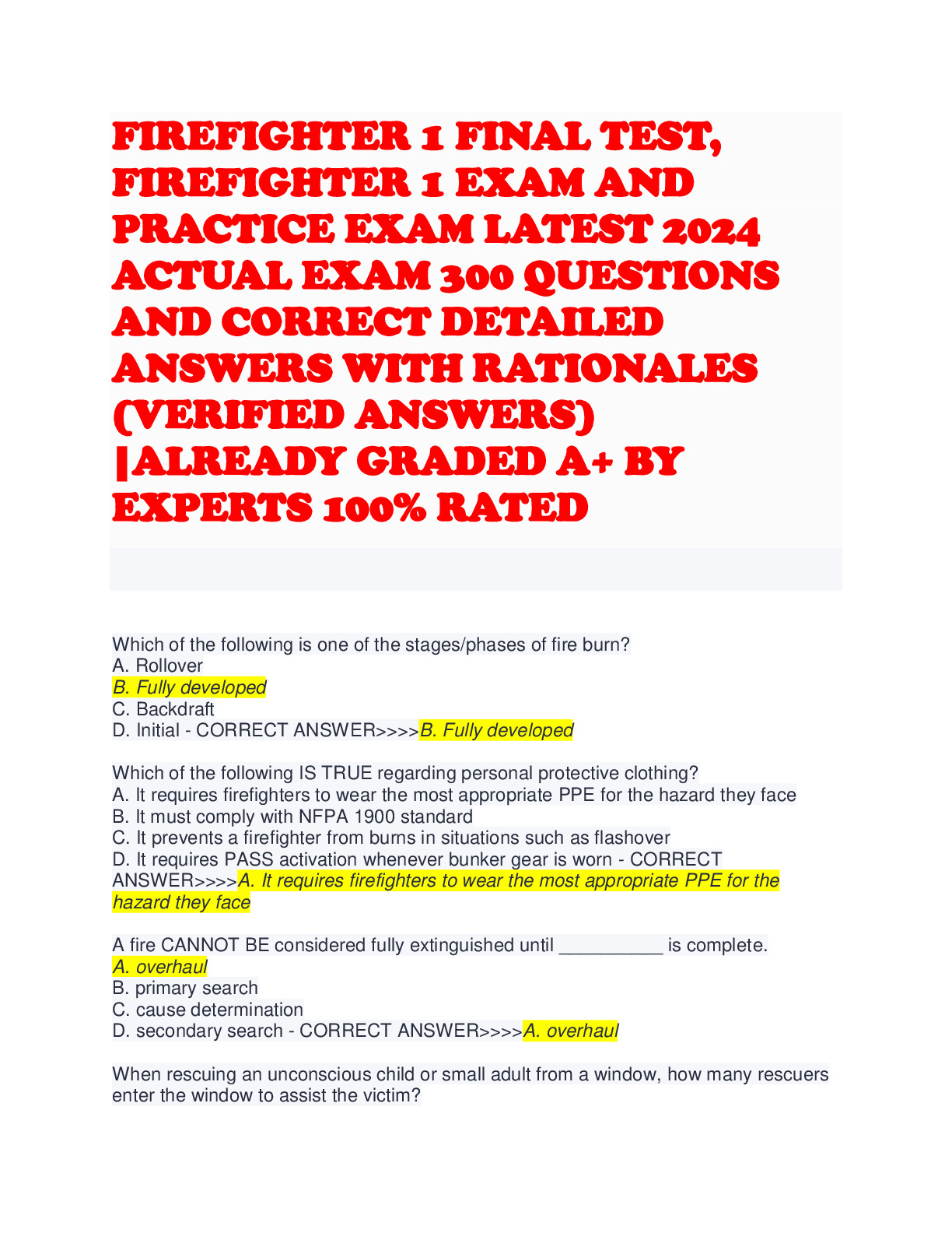 FIREFIGHTER 1 FINAL TEST, FIREFIGHTER 1 EXAM AND PRACTICE EXAM LATEST 2024  ACTUAL EXAM - DocMerit