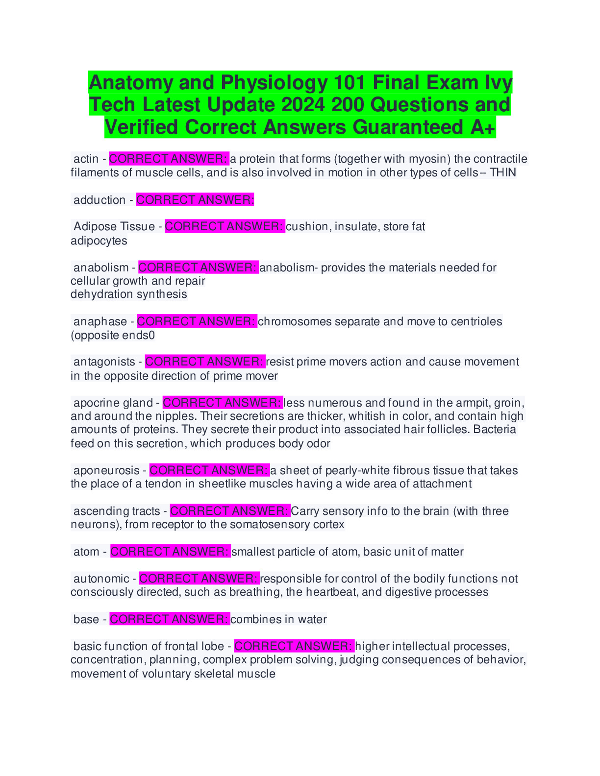 Anatomy And Physiology 101 Final Exam Ivy Tech Latest Update 2024 200 Questions And Verified Anatomy And Physiology 101 Final Exam Ivy Tech Latest Update 2024 200 Questions And Verified