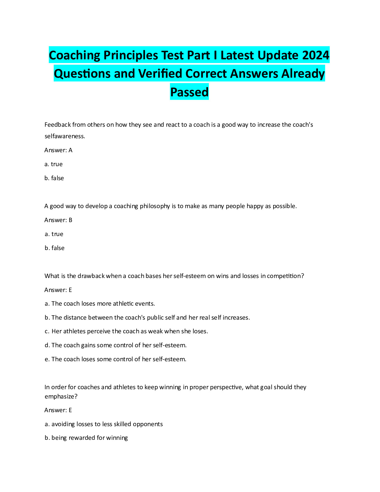 COACHING PRINCIPLES TEST PART I LATEST UPDATE 2024, COACHING PRINCIPLES ...