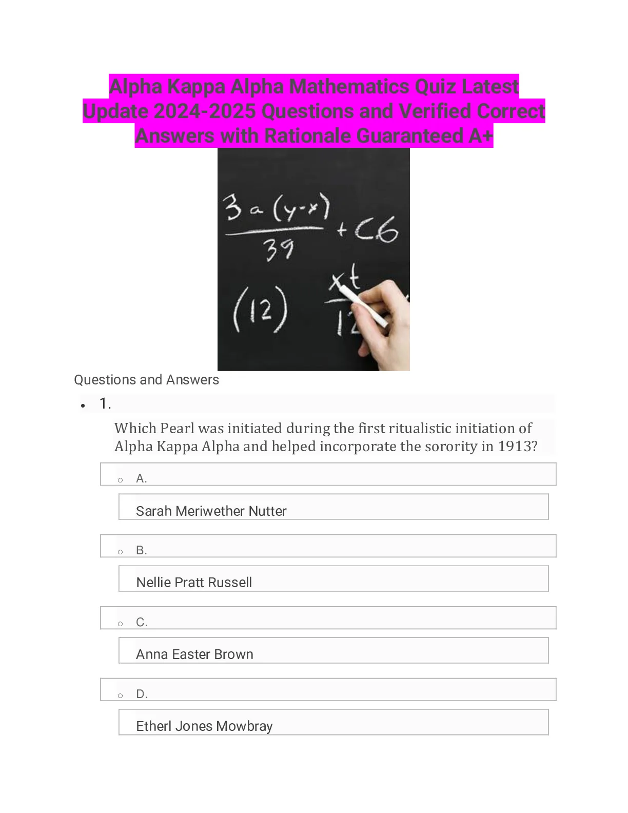 Alpha Kappa Alpha Mathematics Quiz Latest Update 2024-2025 Questions ...