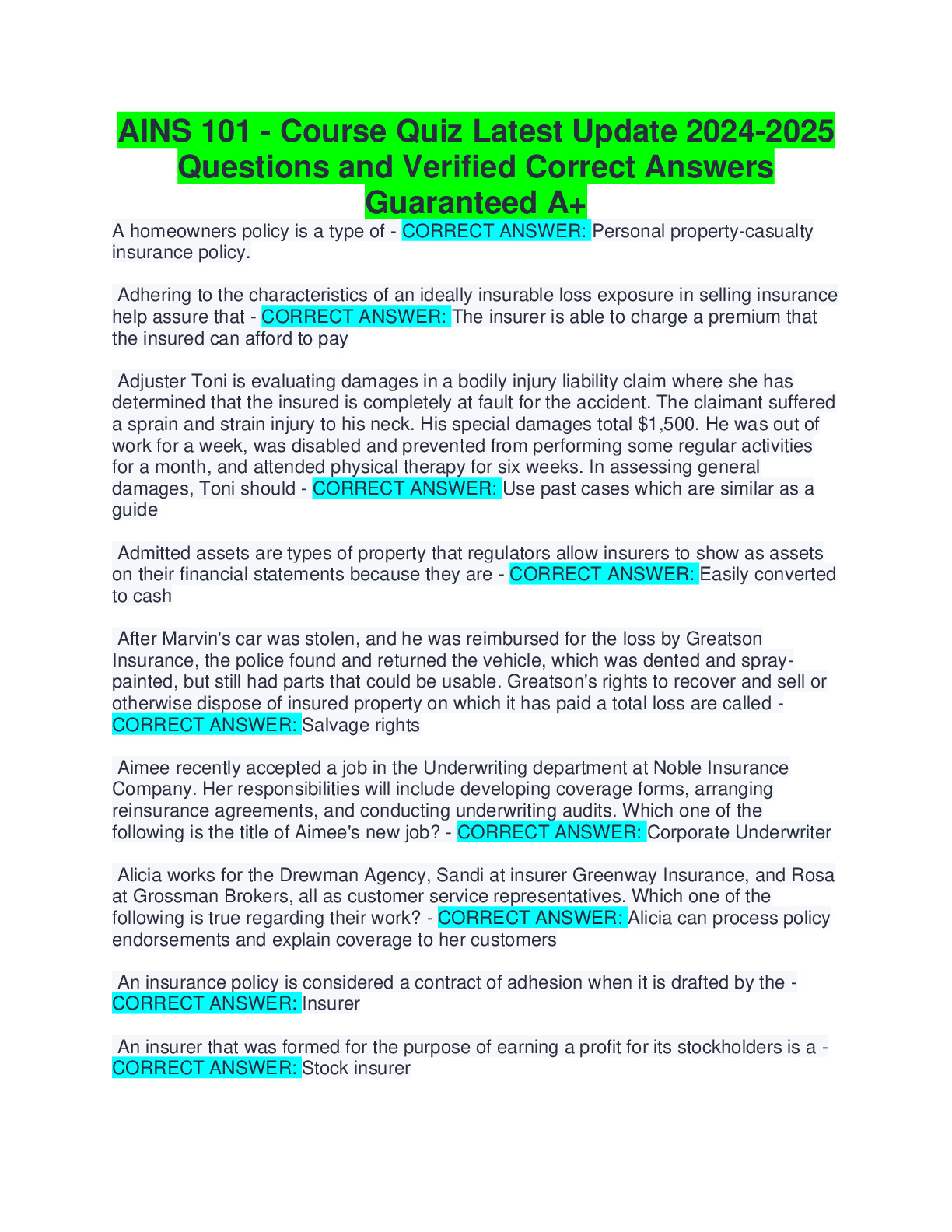 Ains 101 Course Quiz Latest Update 2024 2025 Ains 101 Exam Prep 378 Questions And Verified Ains 101 Course Quiz Latest Update 2024 2025 Ains 101 Exam Prep 378 Questions And Verified