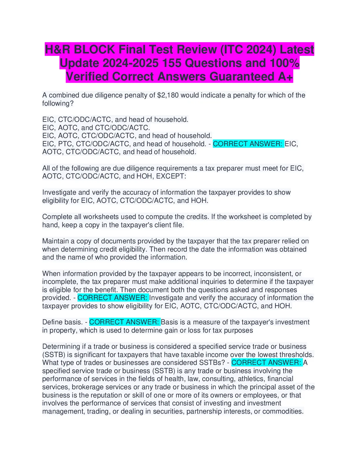 H&R BLOCK Final Test Review (ITC 2024) Latest - DocMerit