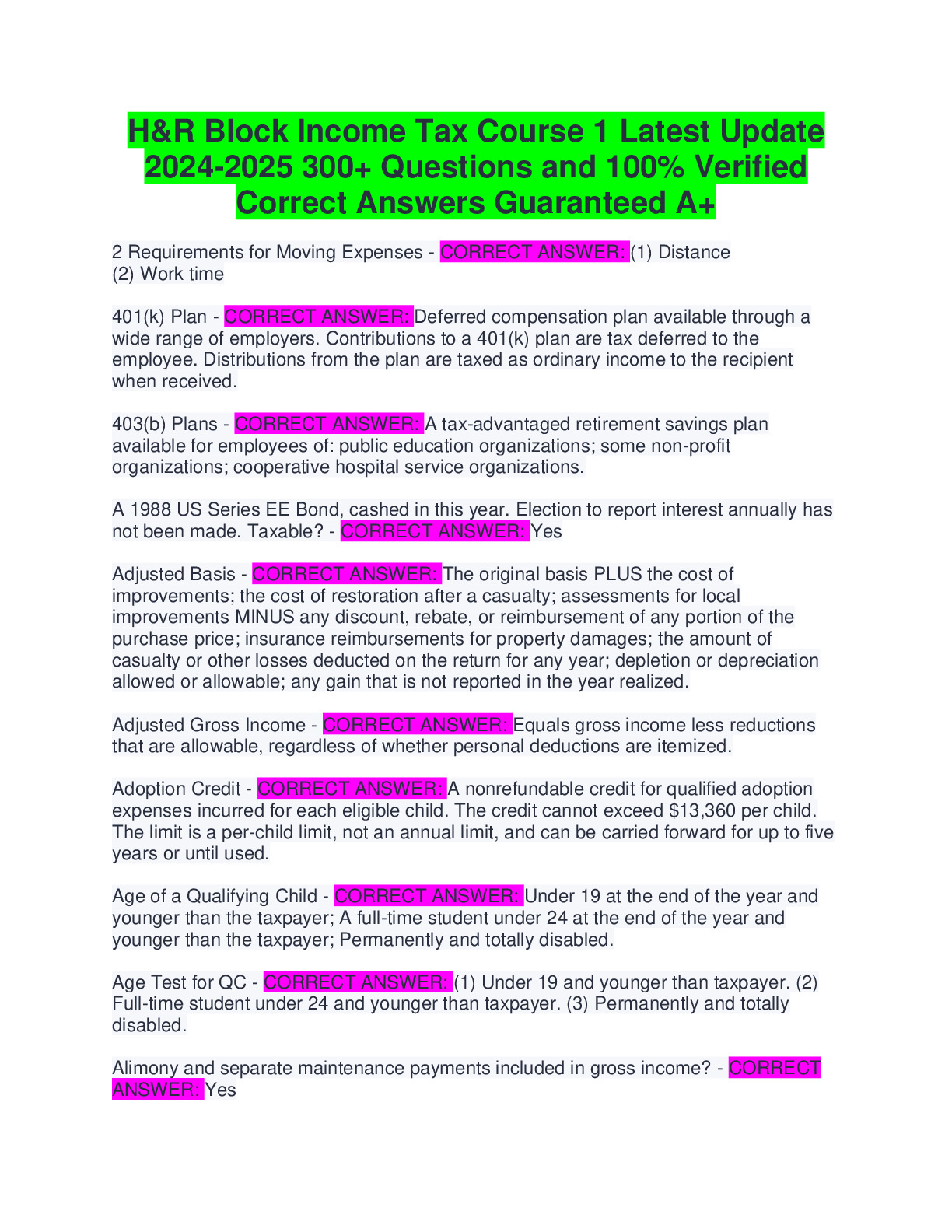 H R Block Income Tax Course 2023 2024 Complete Solution Docmerit H R Block Income Tax Course 2023 2024 Complete Solution Docmerit
