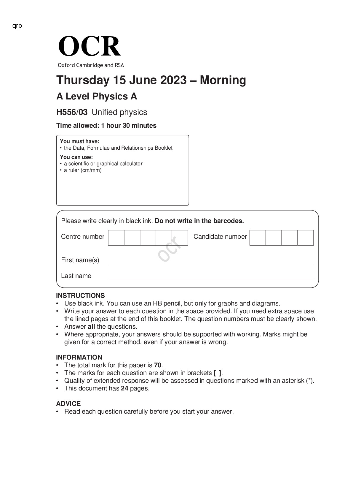 OCR A Level Physics A H556/03 Unified physics JUNE 2023 QUESTION PAPER ...