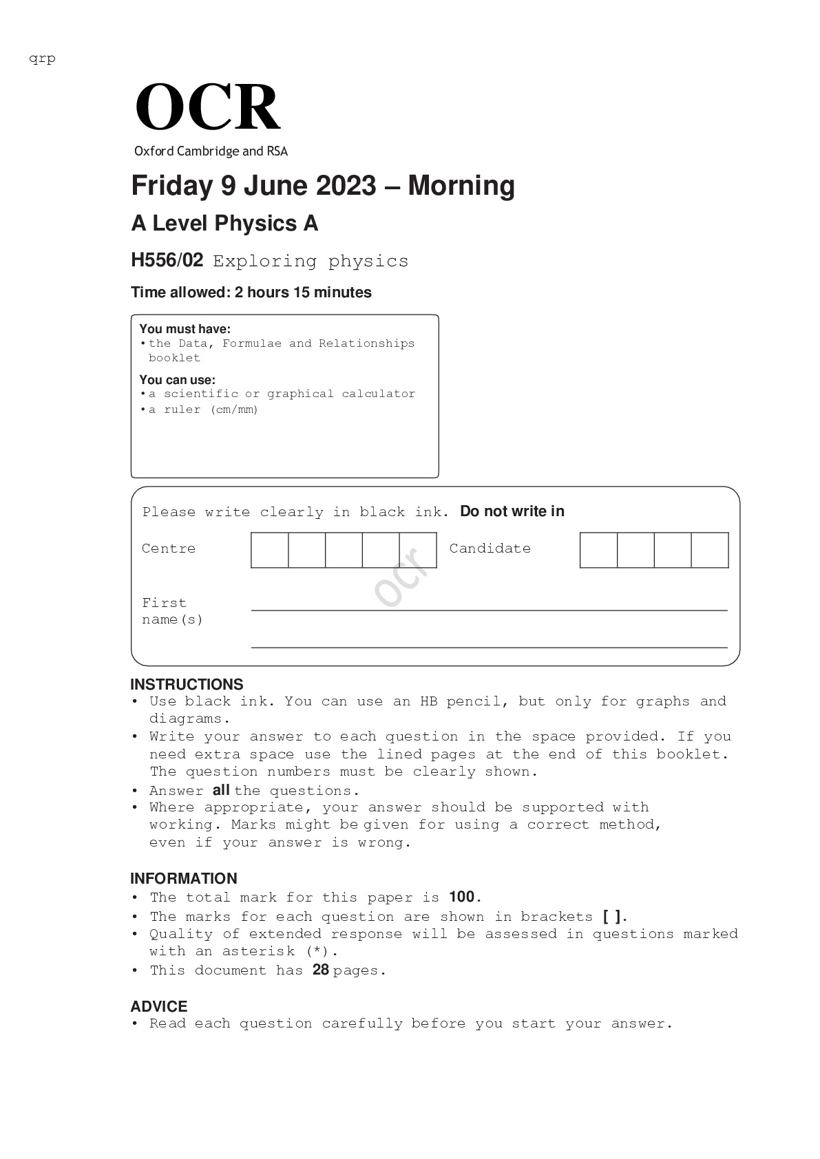 OCR A Level Physics A H556/02 Exploring physics JUNE 2023 QUESTION ...