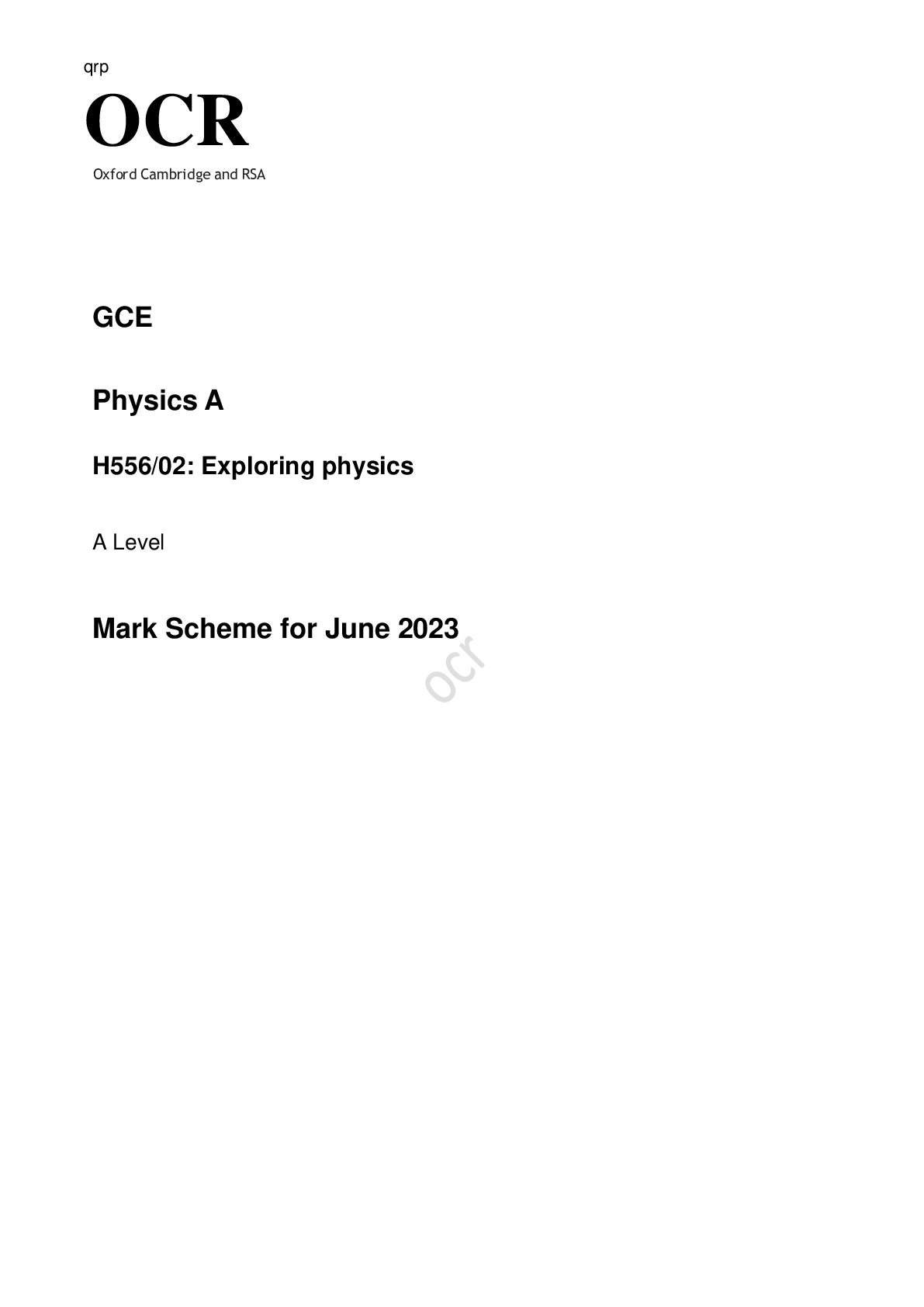 OCR A Level Physics A H556/01 Modelling physics JUNE 2023 QUESTION ...