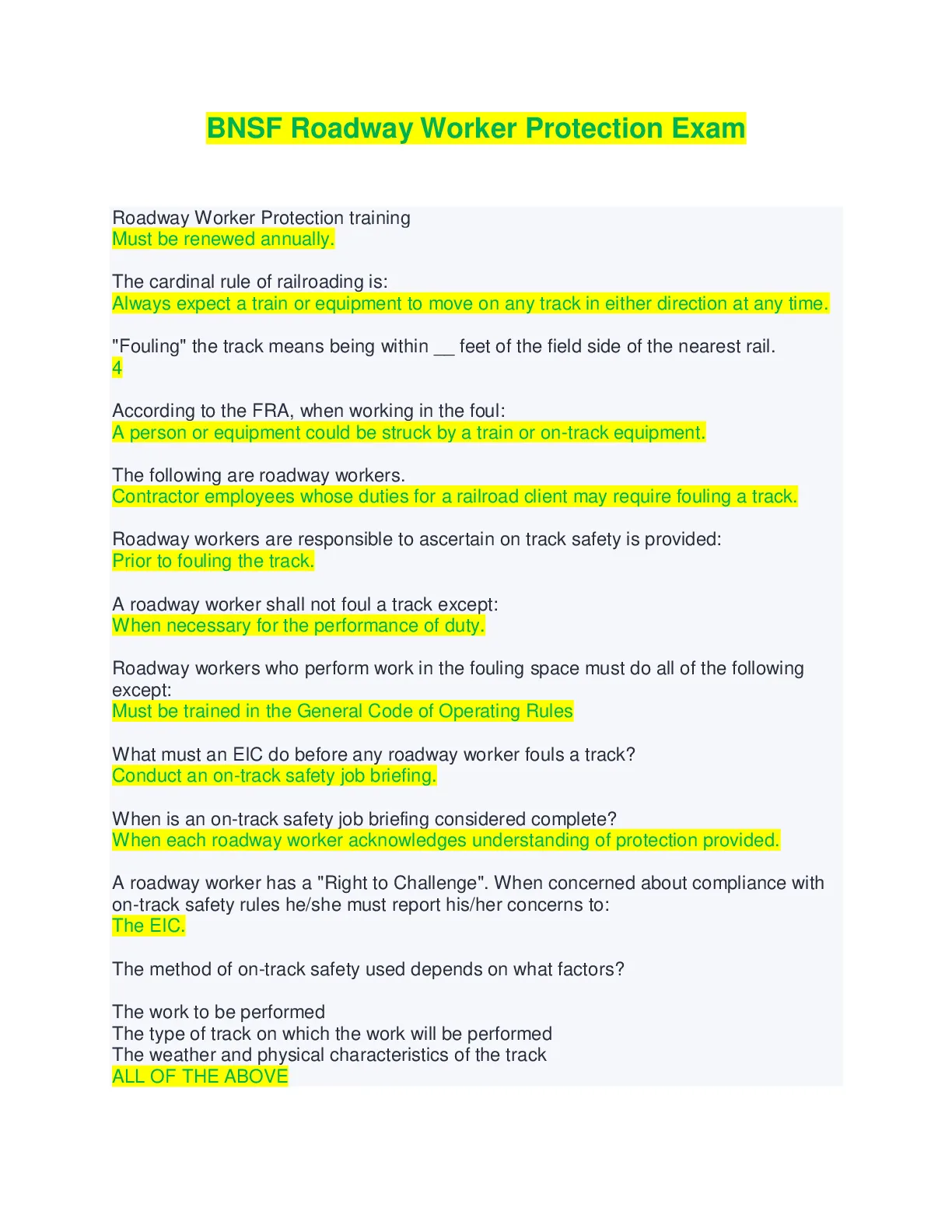 BNSF Roadway Worker Protection Exam - Questions and Answers