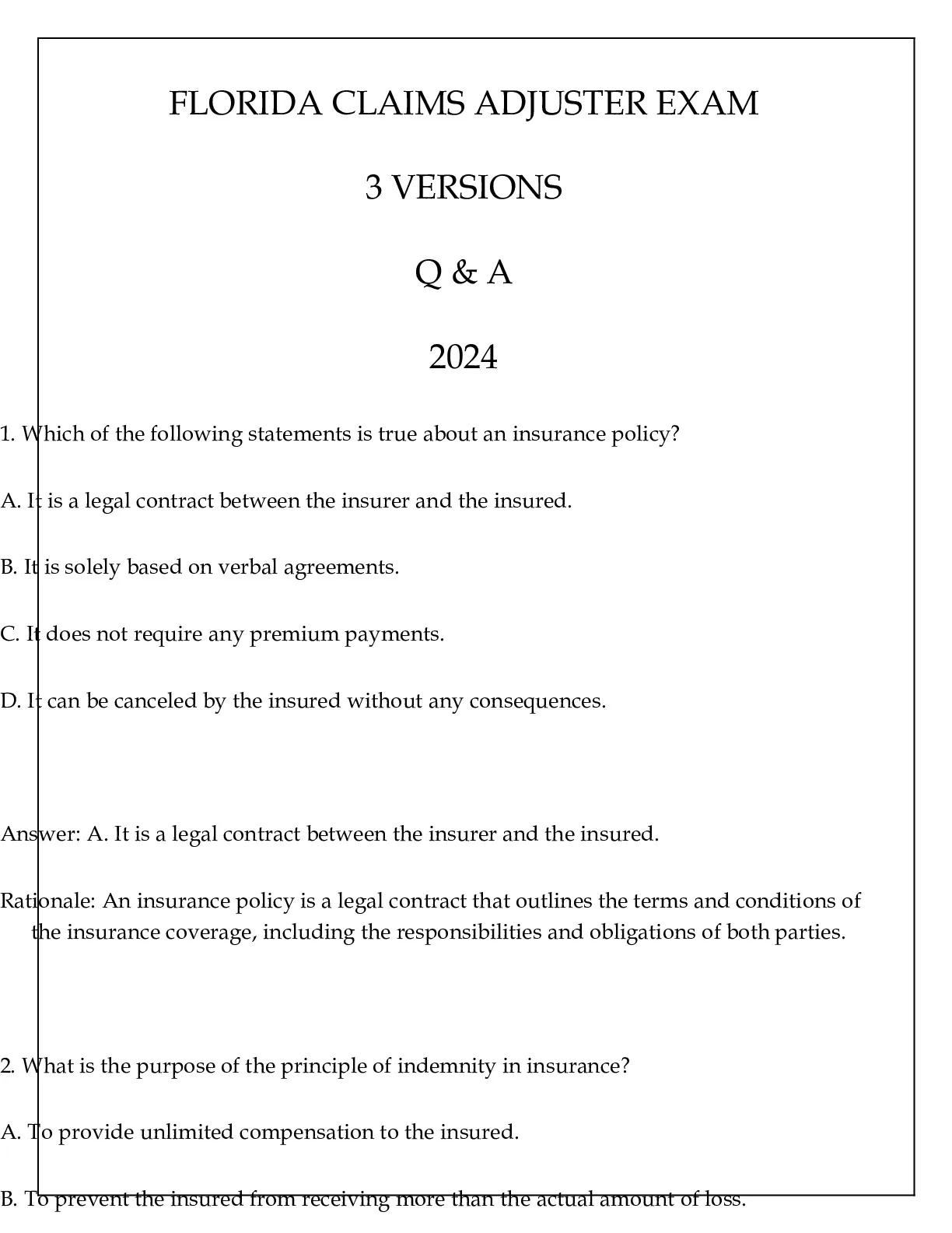 FLORIDA CLAIMS ADJUSTER EXAM 3 VERSIONS Q & A 2024