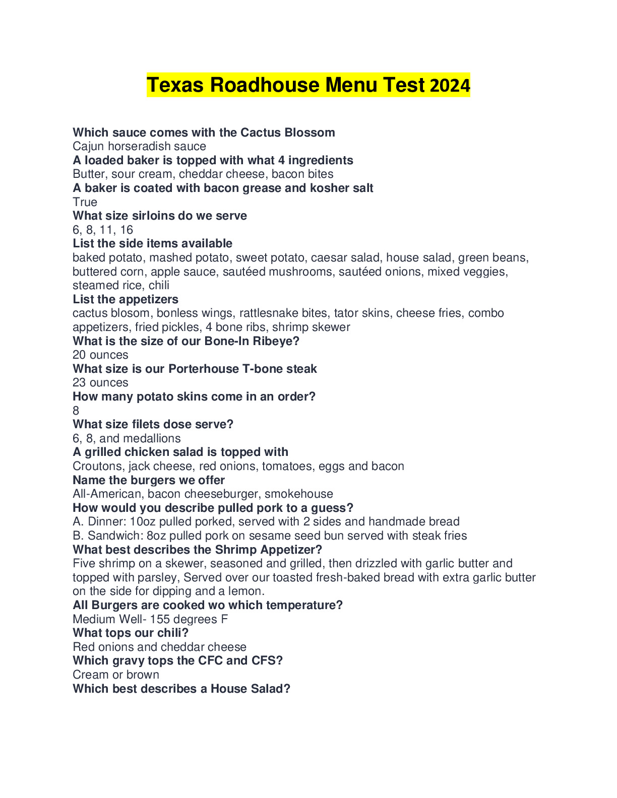 TEXAS ROADHOUSE MENU 2024 WITH CORRECT ANSWERS COMPILATION BUNDLE DocMerit