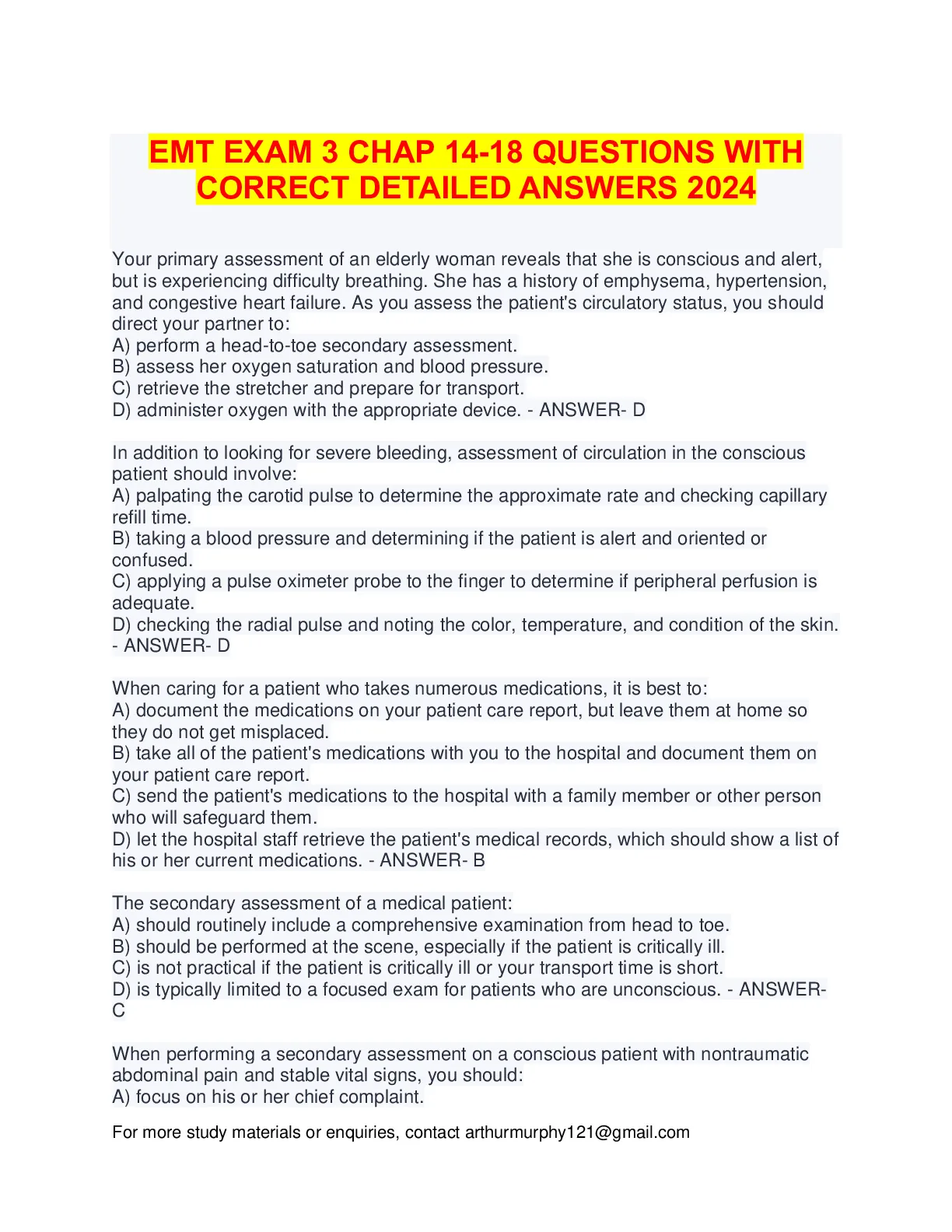 EMT EXAM 3 CHAP 14-18 QUESTIONS WITH CORRECT DETAILED ANSWERS 2024 ...