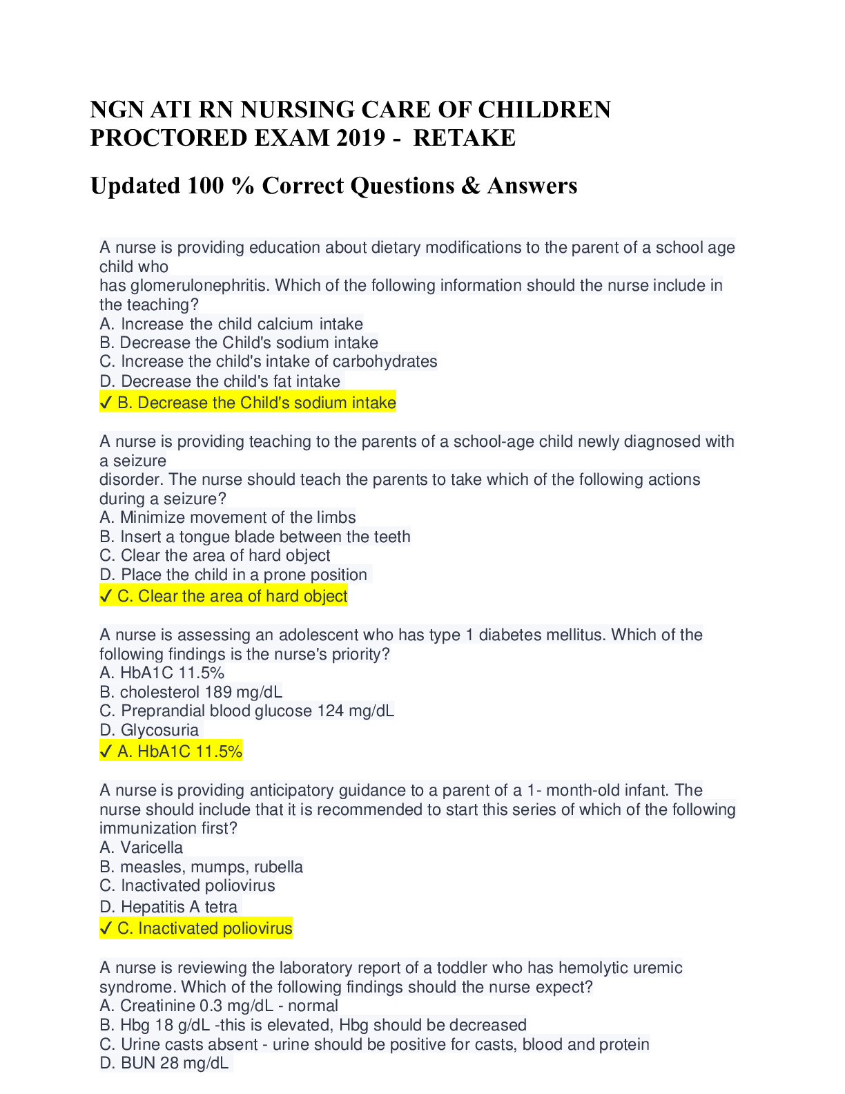 NGN ATI RN NURSING CARE OF CHILDREN PROCTORED EXAM 2019 - RETAKE ...