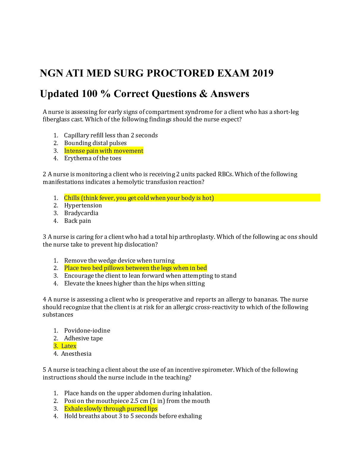 NGN ATI MED SURG PROCTORED EXAM 2019 Updated 100 % Correct Questions ...