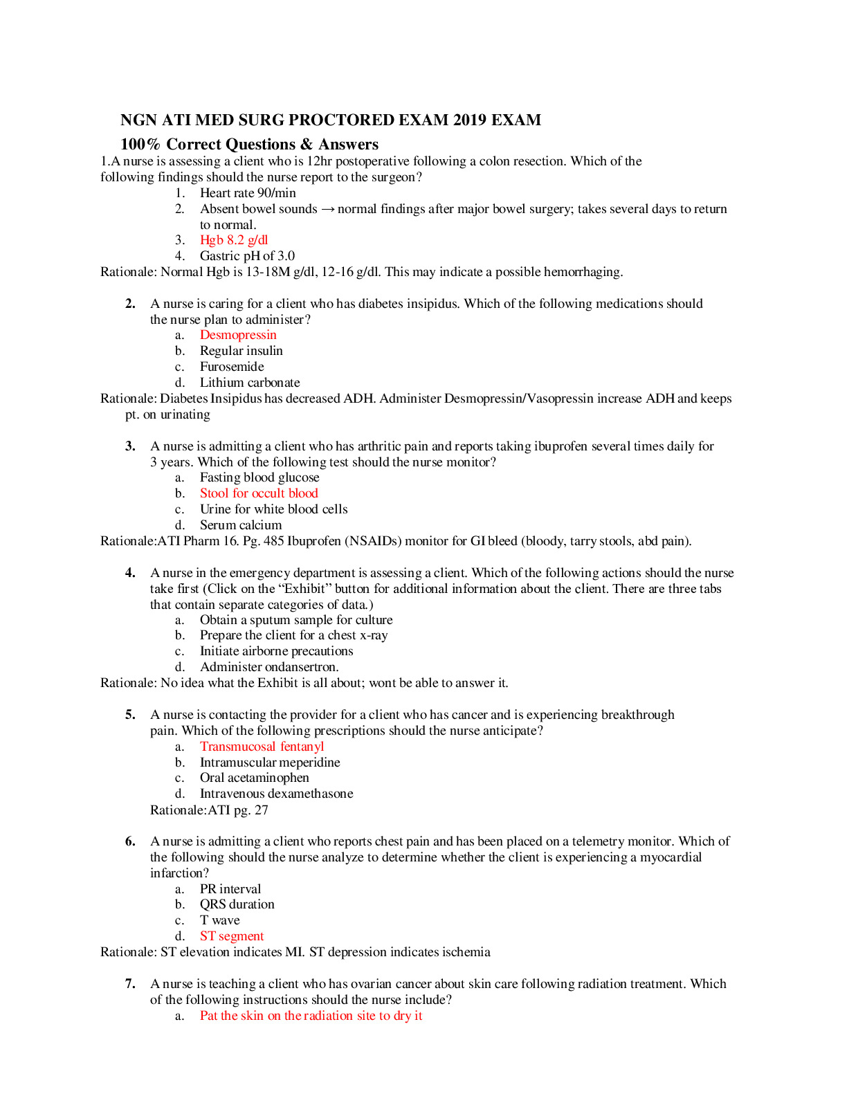NGN ATI MED SURG PROCTORED EXAM 2019 EXAM 100% Correct Questions & Answers