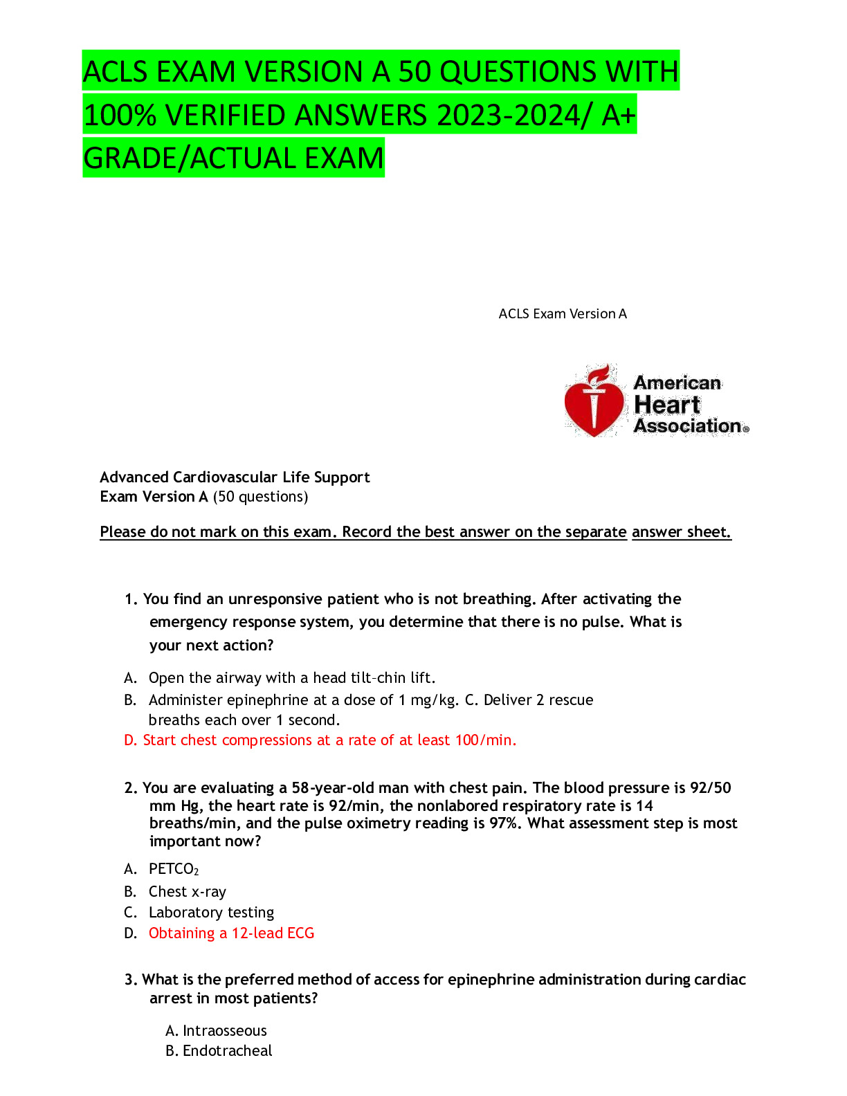 ACLS EXAM VERSION A 50 QUESTIONS WITH 100% VERIFIED ANSWERS 2023 