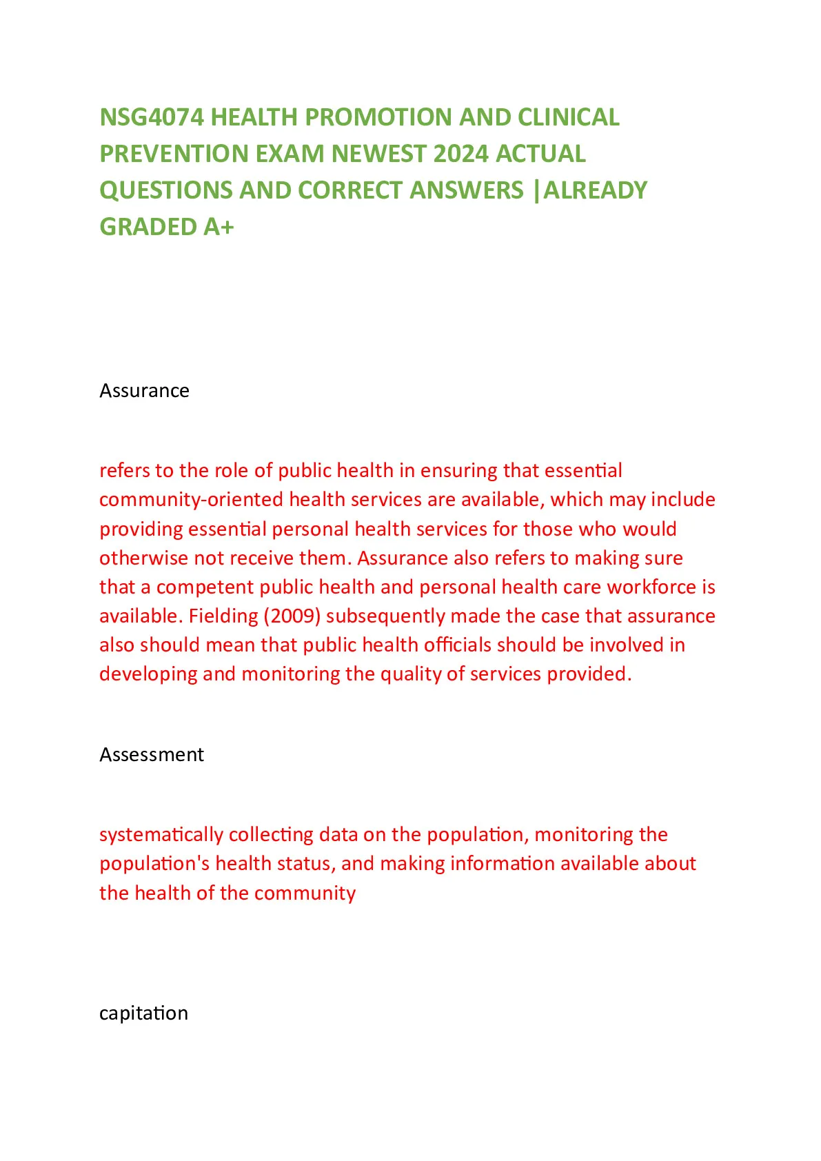 PREVENTION EXAM NEWEST 2024 ACTUAL  NSG4074 HEALTH PROMOTION AND
