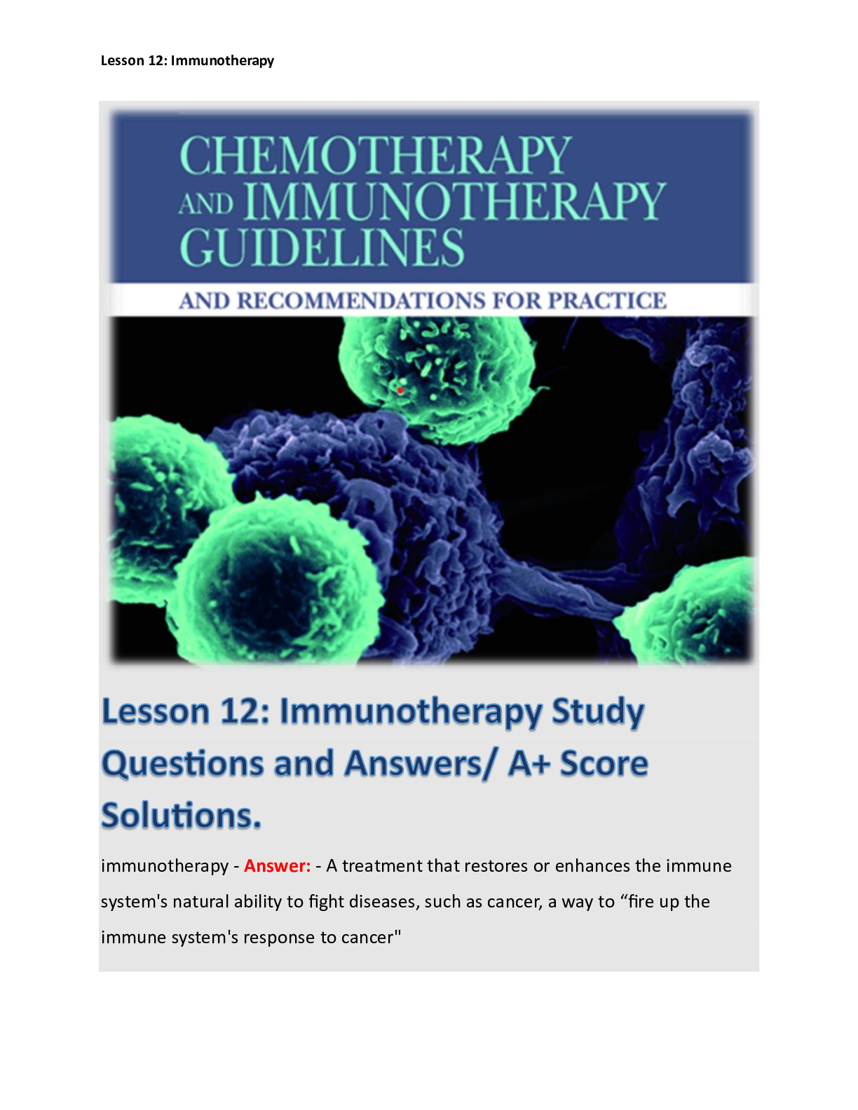 Lesson 12: Immunotherapy Study Questions and Answers/ A+ Score Solutions.
